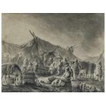 Pieter Bout, 1658 "" 1719, zug. VOLKSANSAMMLUNG UND REITER VOR MARKETENDERZELTEN Gouache auf Karton.