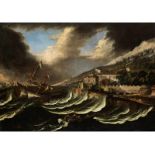 Niederländischer Maler des 17. Jahrhunderts SEESTÜCK MIT SEGELSCHIFF IN BEWEGTEN WOGEN Öl auf