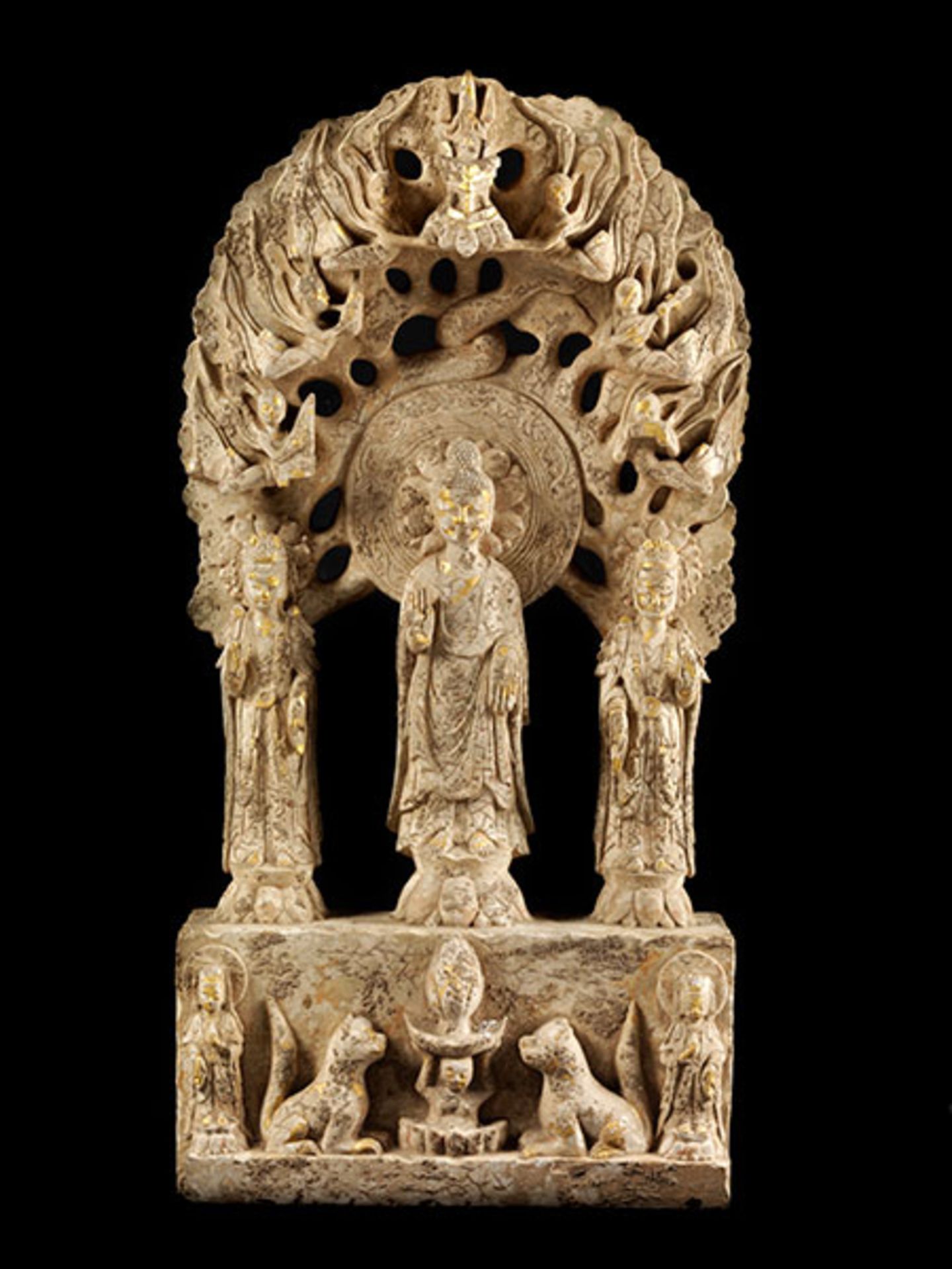 Chinesische Buddha-Gruppe Ca. 100 x 50 cm. Die aus dem chinesischen Kulturraum stammende
