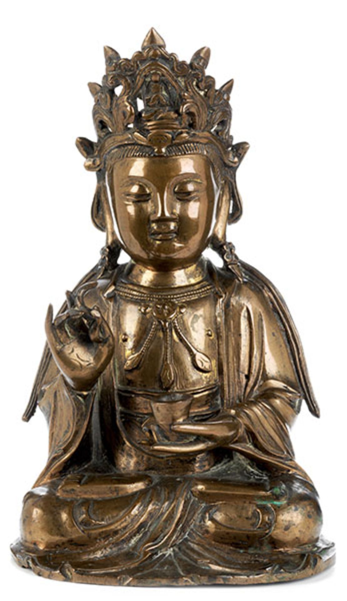 Buddha Shakyamuni Höhe: 23,5 cm. China, wohl 17./ 18. Jahrhundert. Messingbronze gegossen,