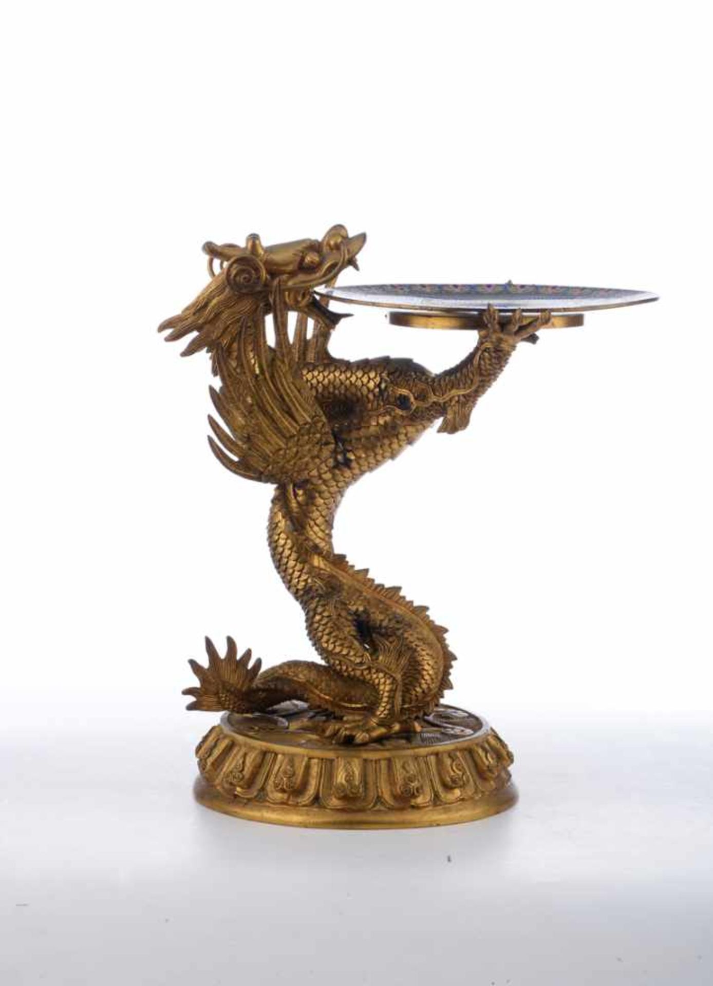 Anbietschale. Asiatika, China. Kaiserlicher Drache auf Lotussockel, einen Cloisonne-Teller - Bild 2 aus 5