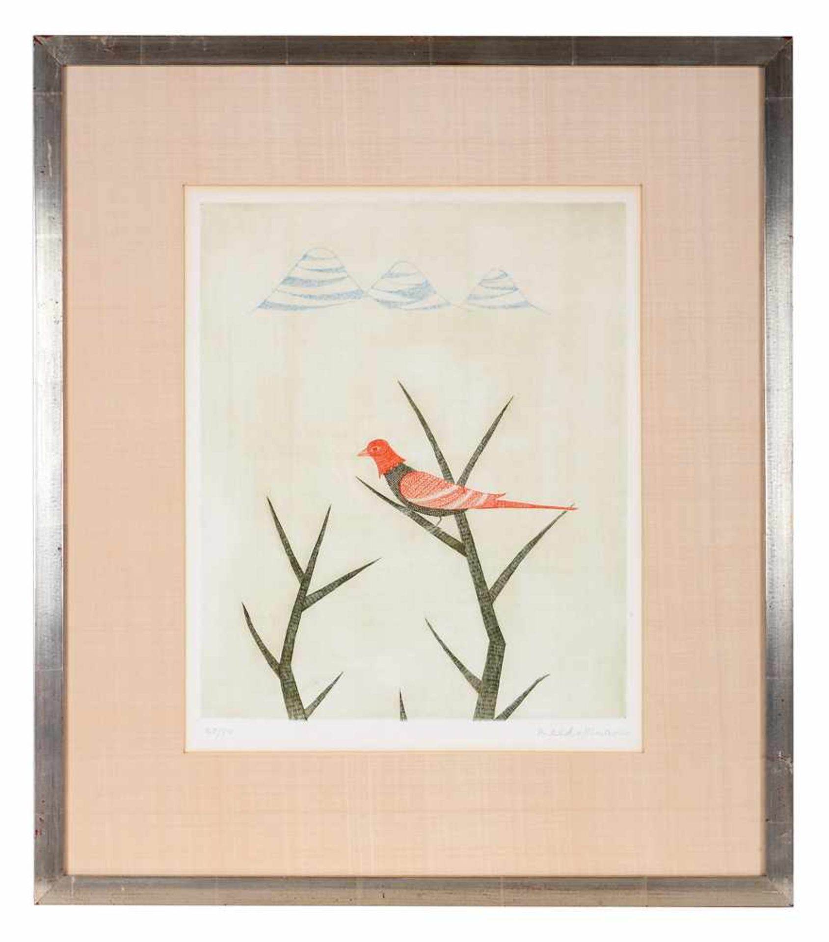 Roter Vogel vor japanischen Bergen. Keiko Minami (12.02.1911 - 01.11.2004 Präfektur Toyama,