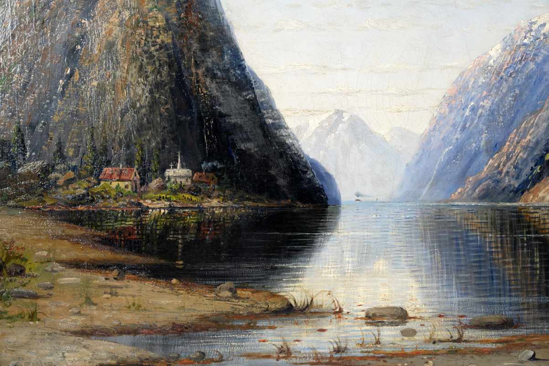 Fjordlandschaft. Therese Fuchs (1849 - 1898, Düsseldorf). Ideallandschaft mit minutiösen - Bild 3 aus 8