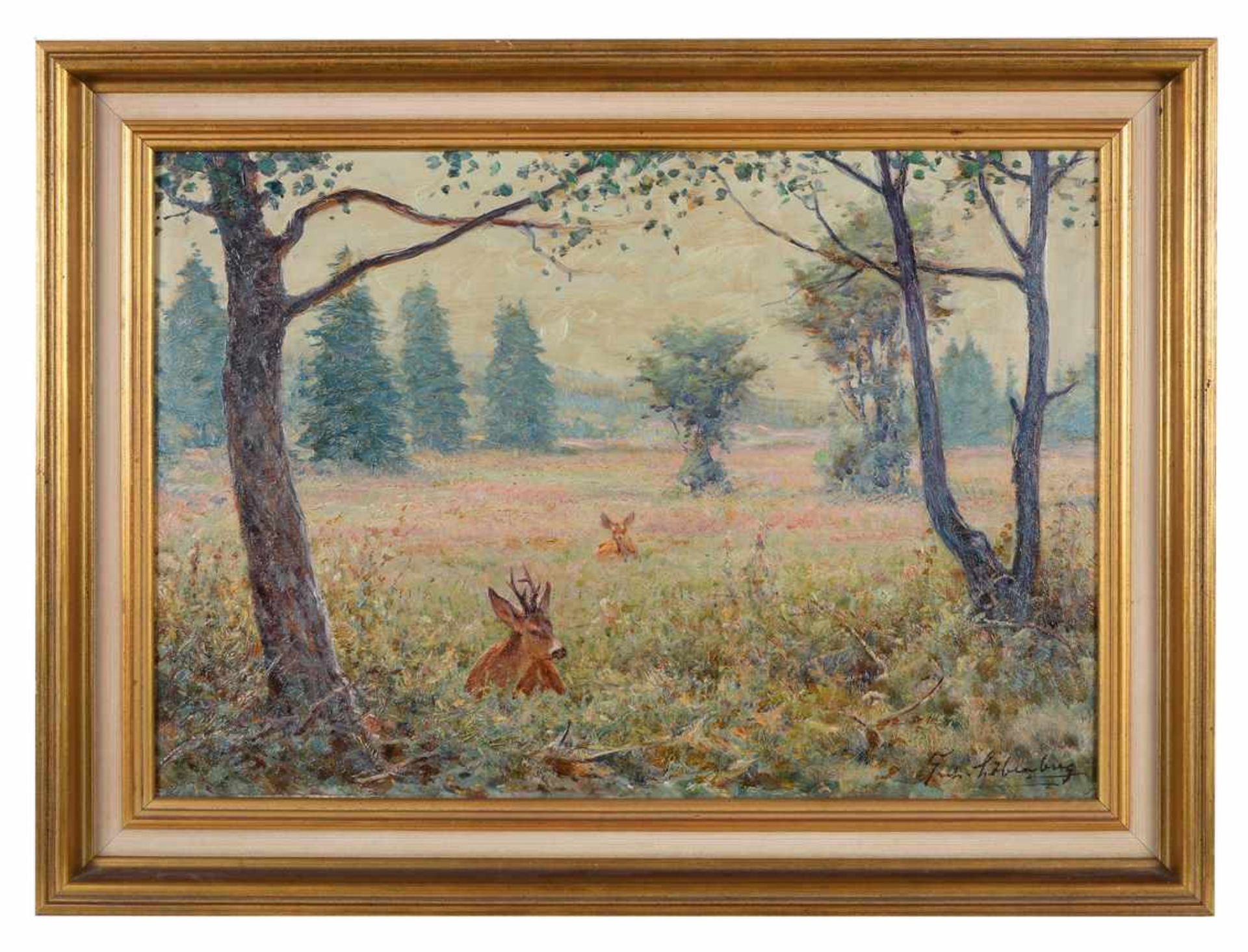 2 Rehe im Dickicht einer Wiese. Gerhard Löbenberg (14.09.1891 - 19.08.1967), Studium Kunstakademie