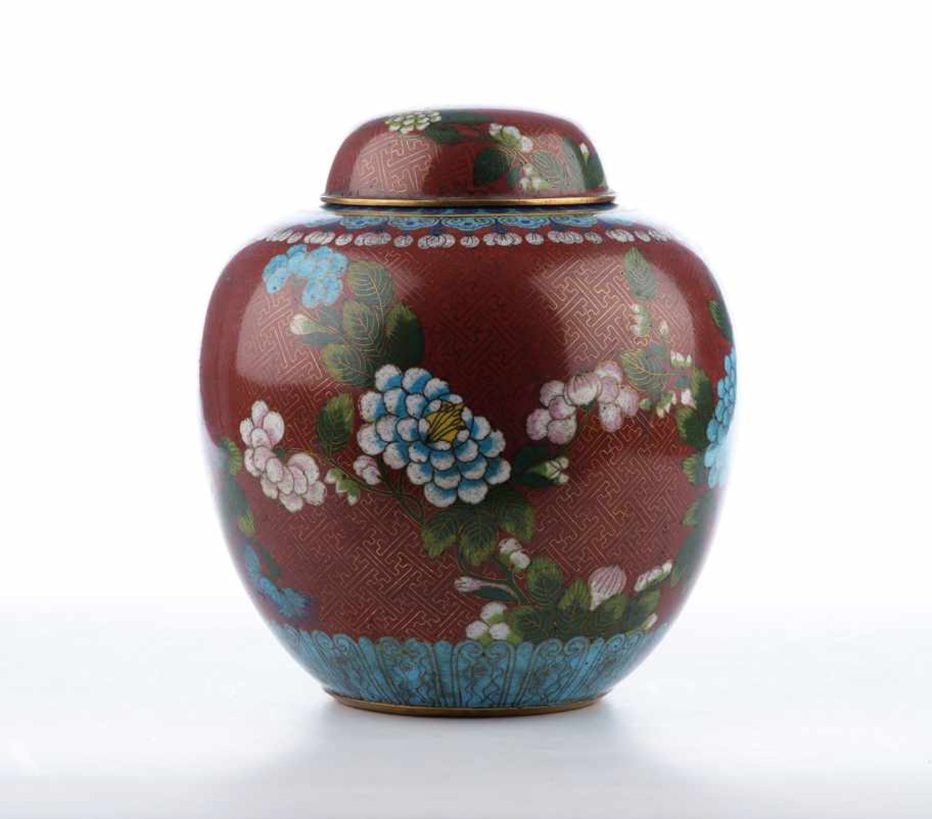 Cloisonne-Vorratstopf. Florales Muster auf rotem Grund, Datierung um 1920. Höhe ca. 22 cm, Stand 9 - Bild 5 aus 5