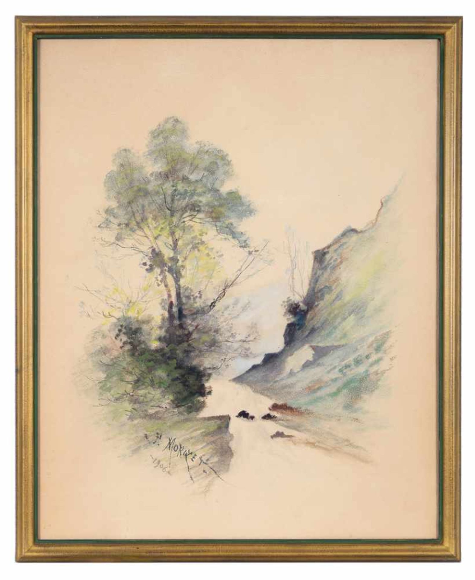 Paul Louis Morizet. Landschaft mit Baum und angedeutetem Gebirgszug. Paul Louis Morizet (1850 - ?,