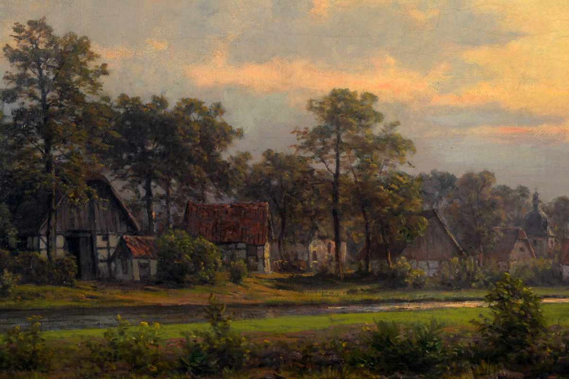 Abendstimmung mit Ortschaft und heimkehrendem Mann am Fluß. Carl von der Hellen (1843 Bremen - - Bild 2 aus 7