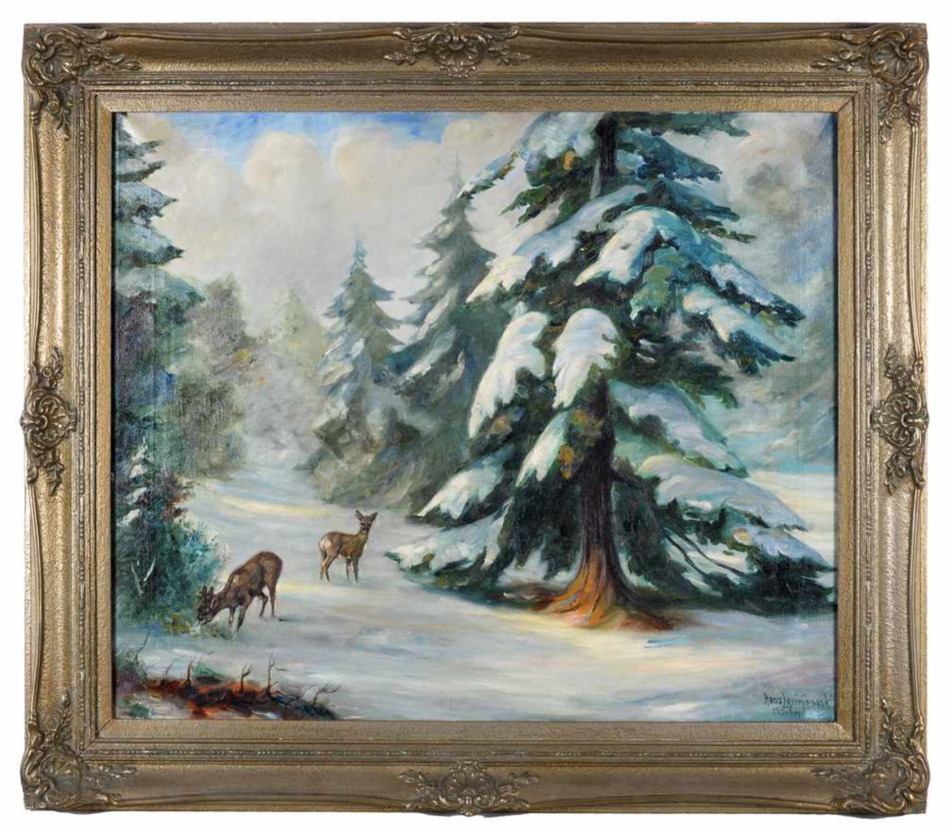 Winterlicher Wald mit Rehen. Hans Leciejewski (Schlesischer Künstler 19./20. Jahrhundert). Öl auf