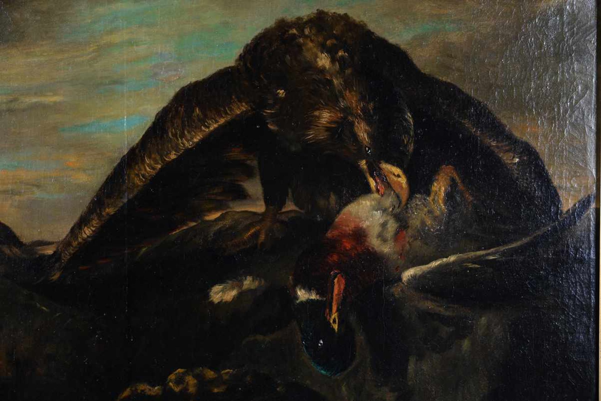 Zwei Adler mit gerissenem Erpel. Henry Schouten (1864 - 1927, Gent). Öl auf Leinwand, unten links - Image 6 of 8