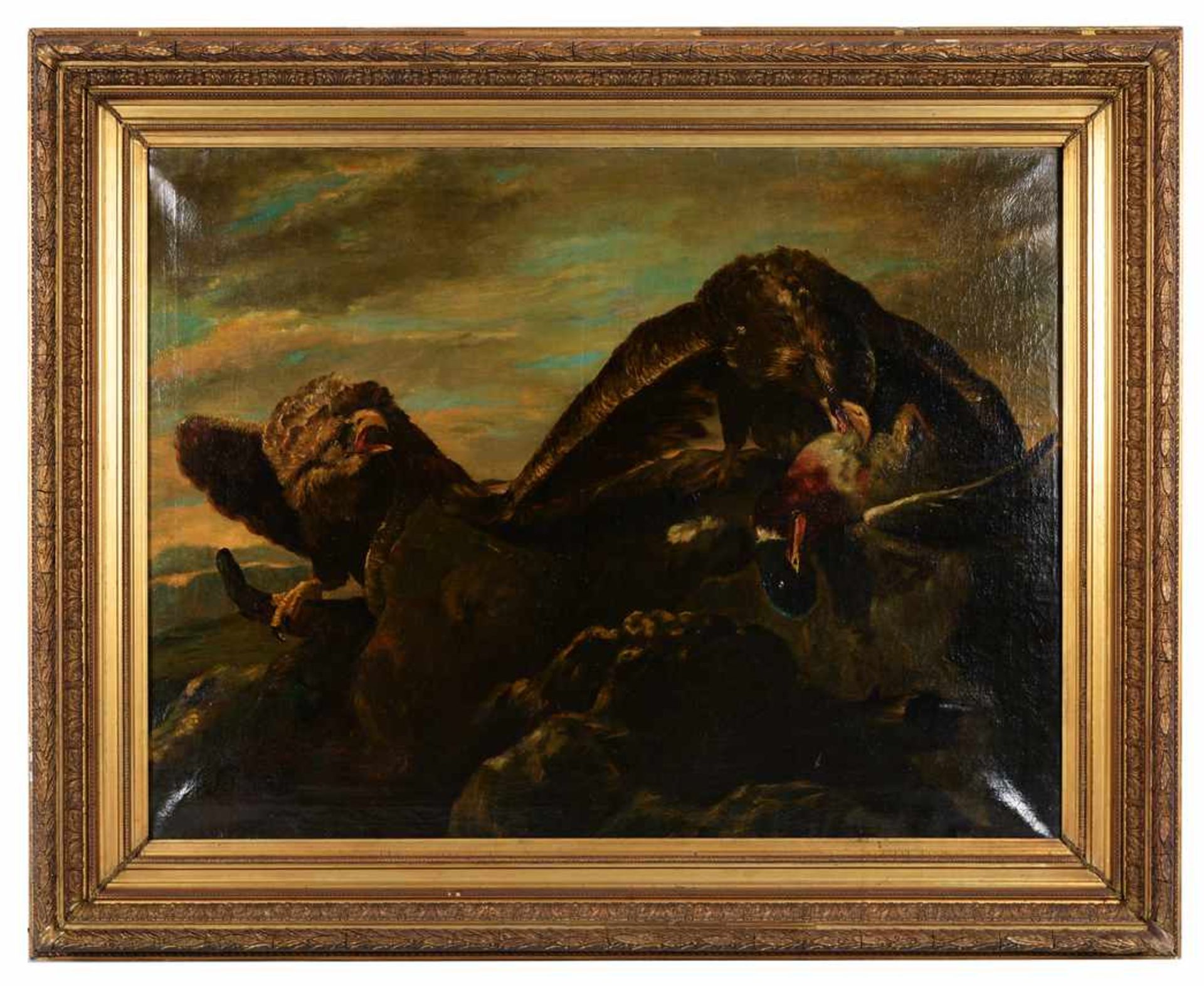 Zwei Adler mit gerissenem Erpel. Henry Schouten (1864 - 1927, Gent). Öl auf Leinwand, unten links