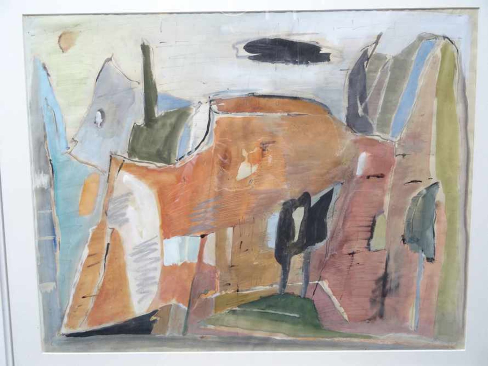 Abstrahierte Landschaft. Modernes Aquarell. Ungedeutet signiert, datiert 1985, passende Rahmung.