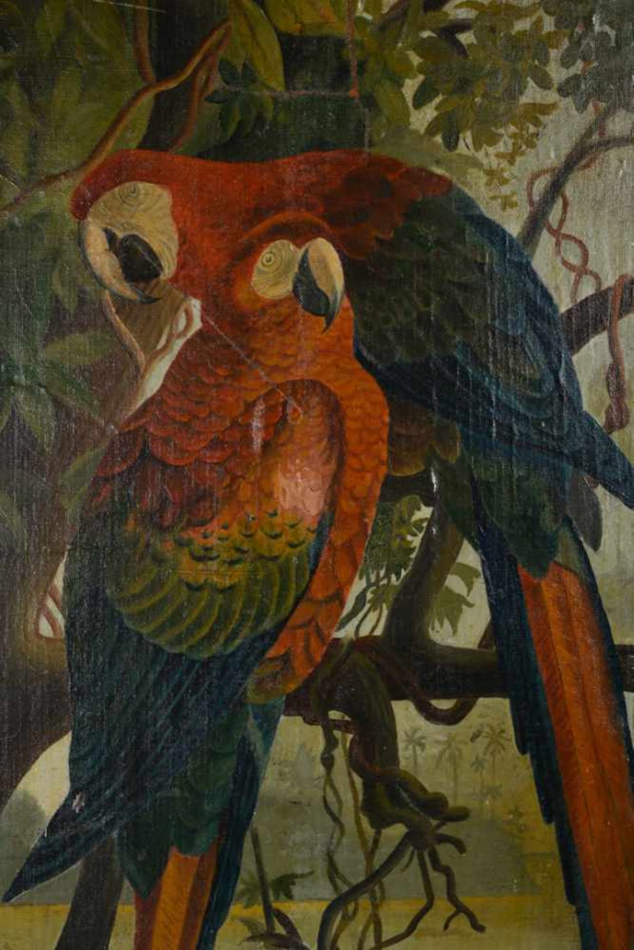 Papageienvögel in natürlicher Umgebung. Öl auf Leinwand auf Holz kaschiert, Datierung um 1890, - Bild 6 aus 7