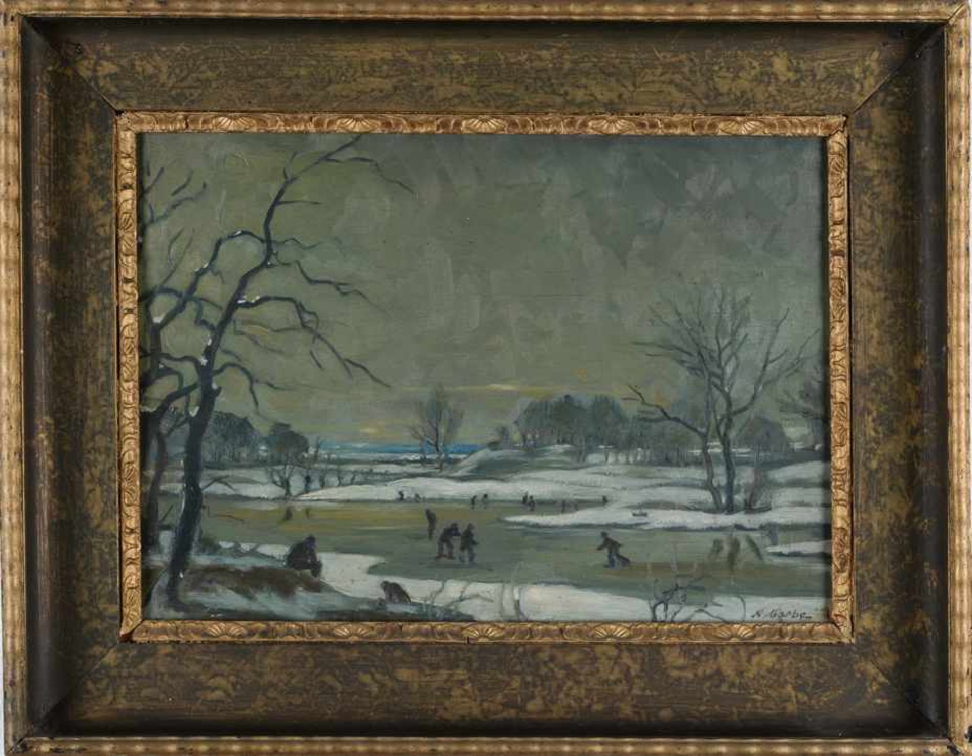 Winterlandschaft mit Schlittschuhläufern. August Garbe (Niedersächsischer Kunstmaler, Akademie der