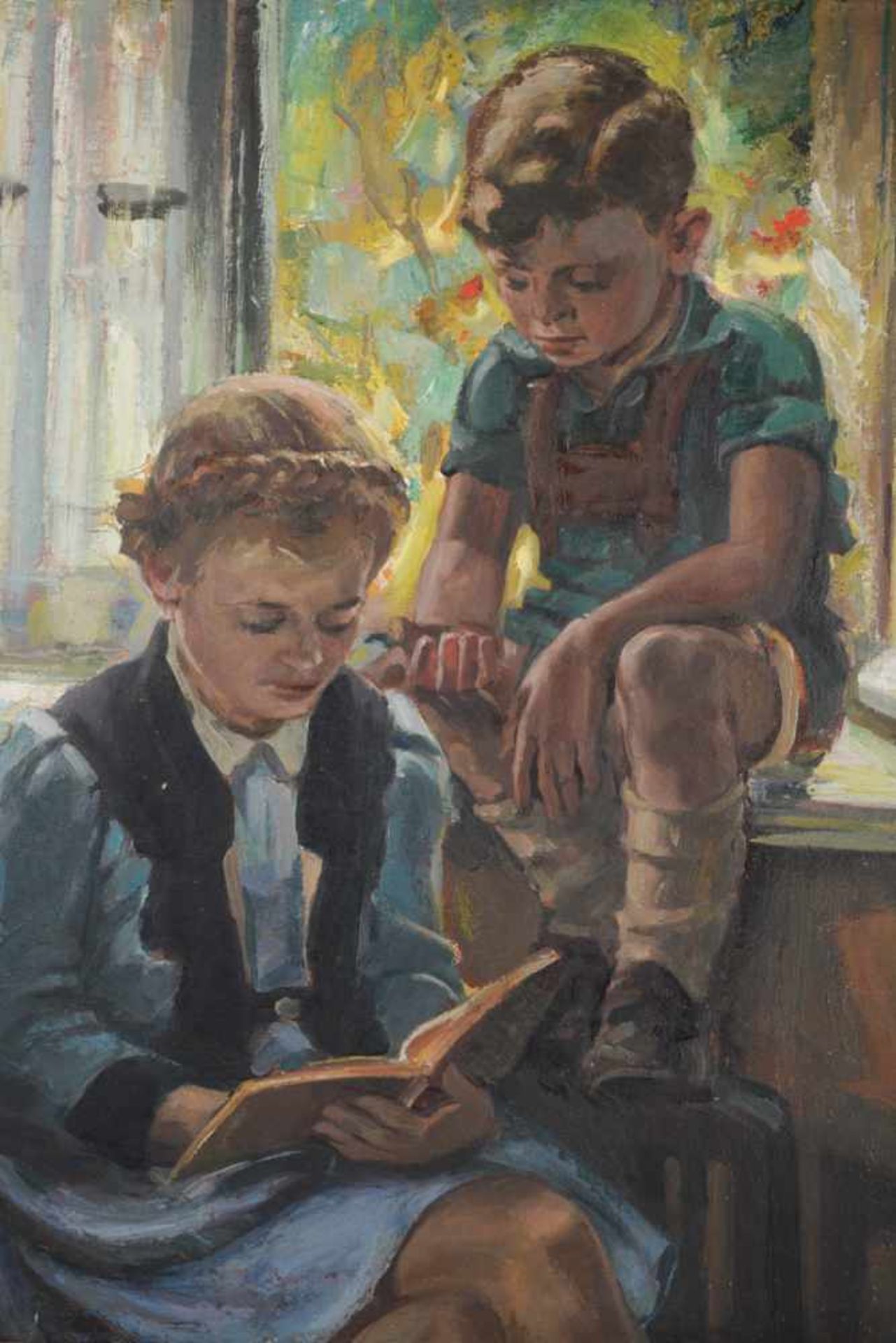 Junge mit älterer Schwester am Fenster, Sommerimpression. August Garbe (Niedersächsischer - Image 5 of 7