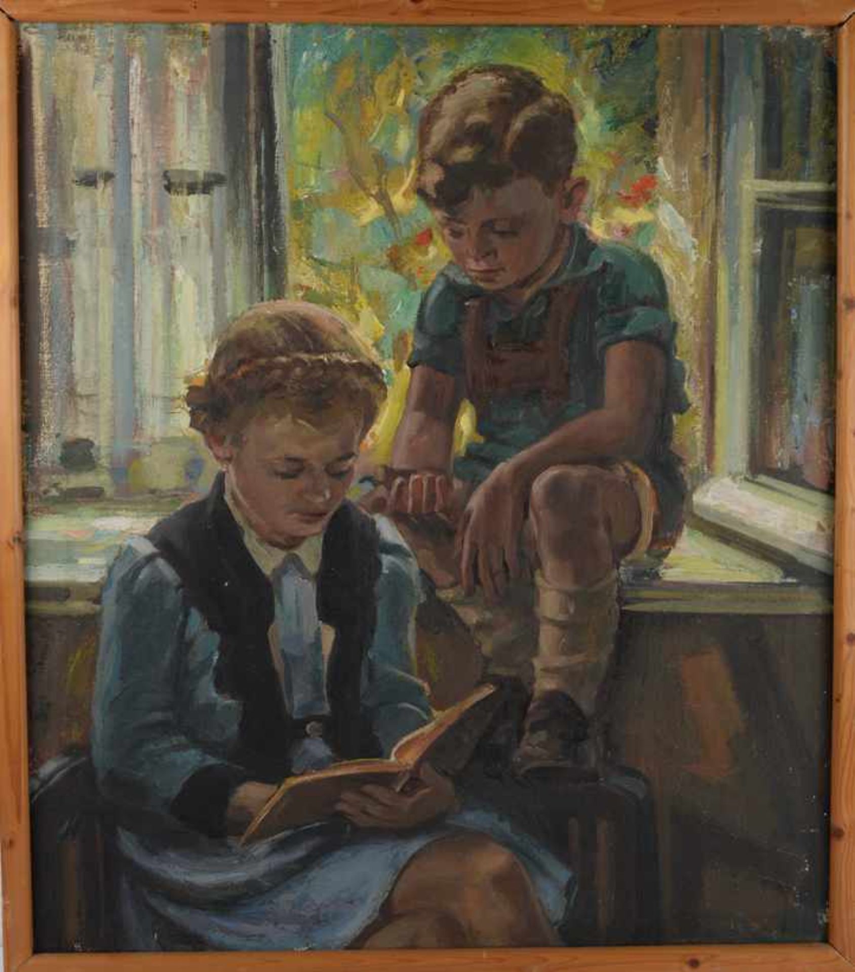 Junge mit älterer Schwester am Fenster, Sommerimpression. August Garbe (Niedersächsischer