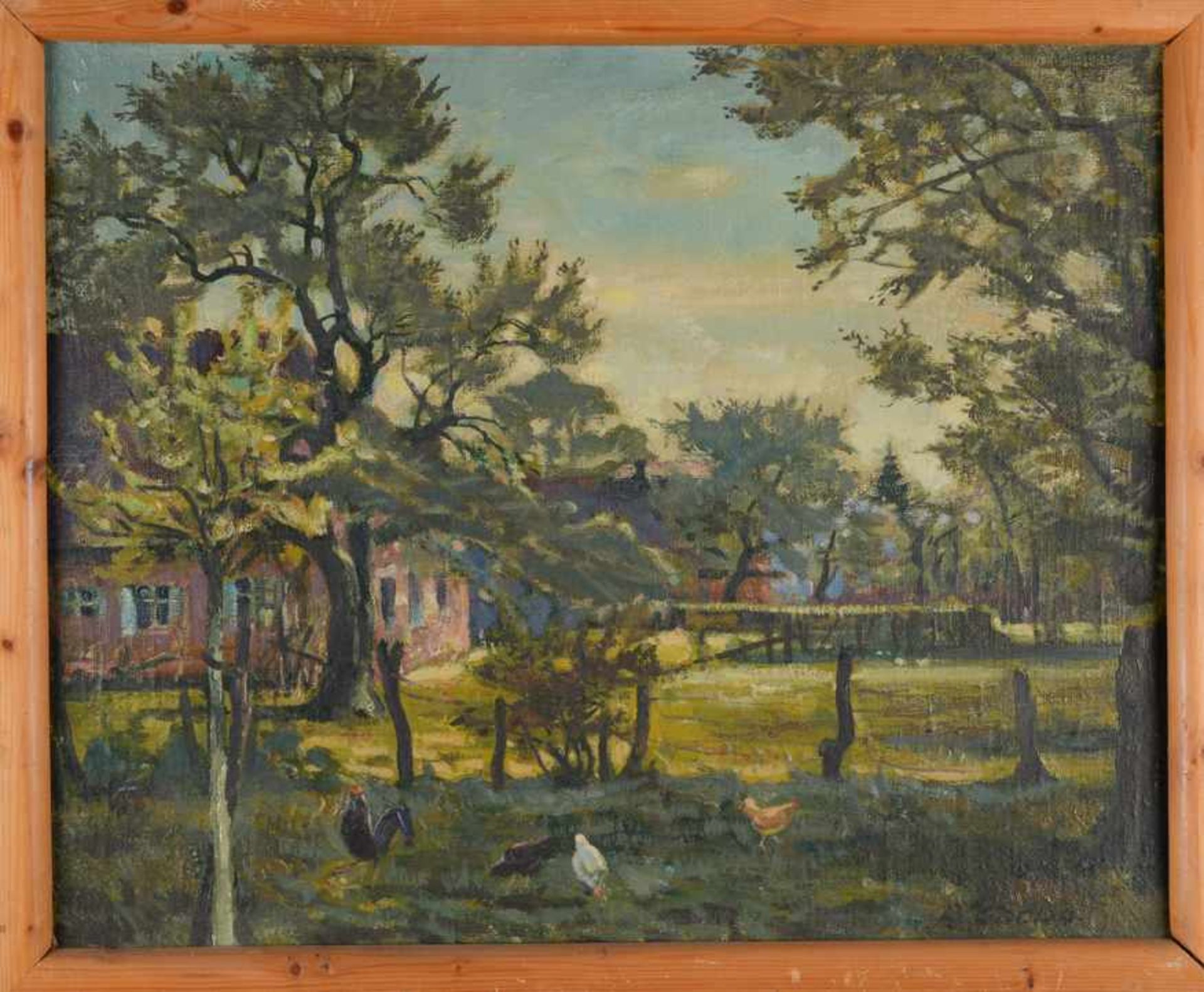 Gehöft, wohl bei Isernhagen, mit Hühnern. August Garbe (Niedersächsischer Kunstmaler, Akademie der