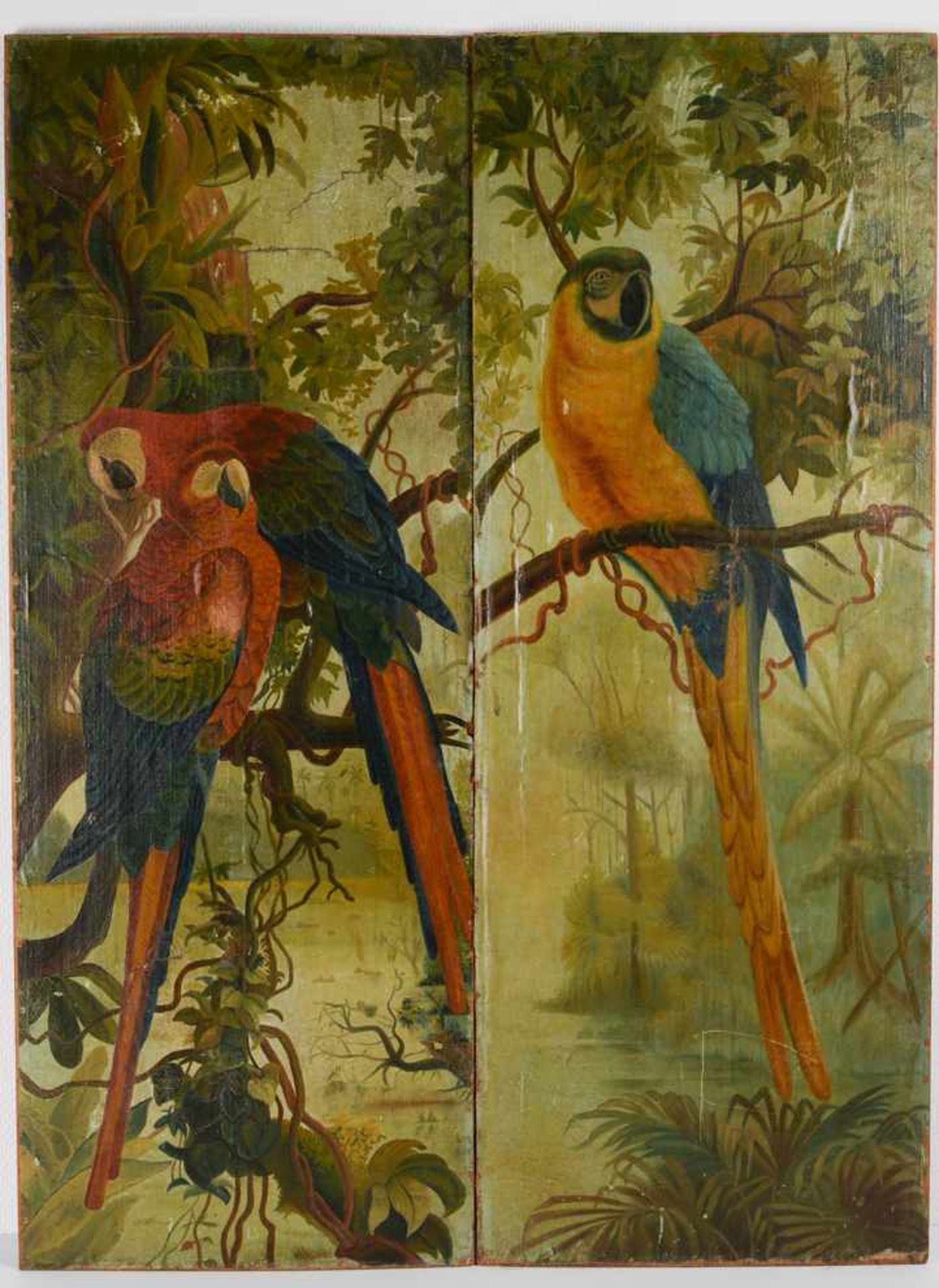 Papageienvögel in natürlicher Umgebung. Öl auf Leinwand auf Holz kaschiert, Datierung um 1890,