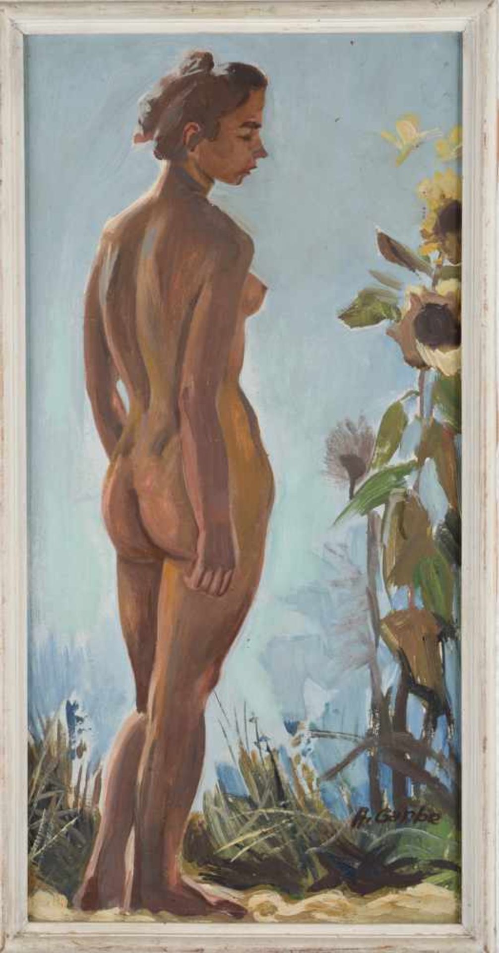 Weiblicher Akt mit Sonnenblumen. August Garbe (Niedersächsischer Kunstmaler, Akademie der