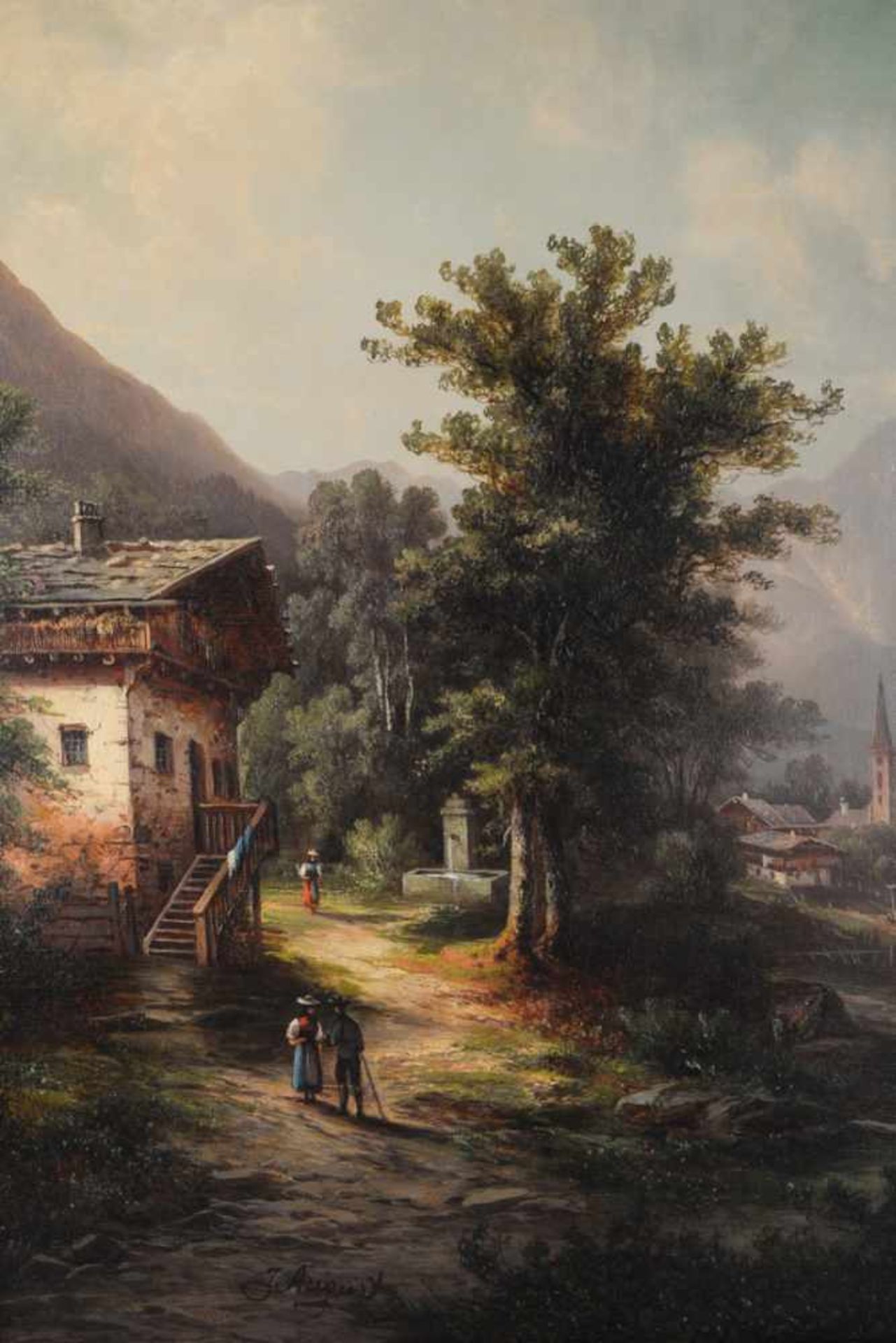 Romantische Landschaft, signiert J. August. Öl auf Leinwand, Datierung um 1870, unten links - Bild 5 aus 7