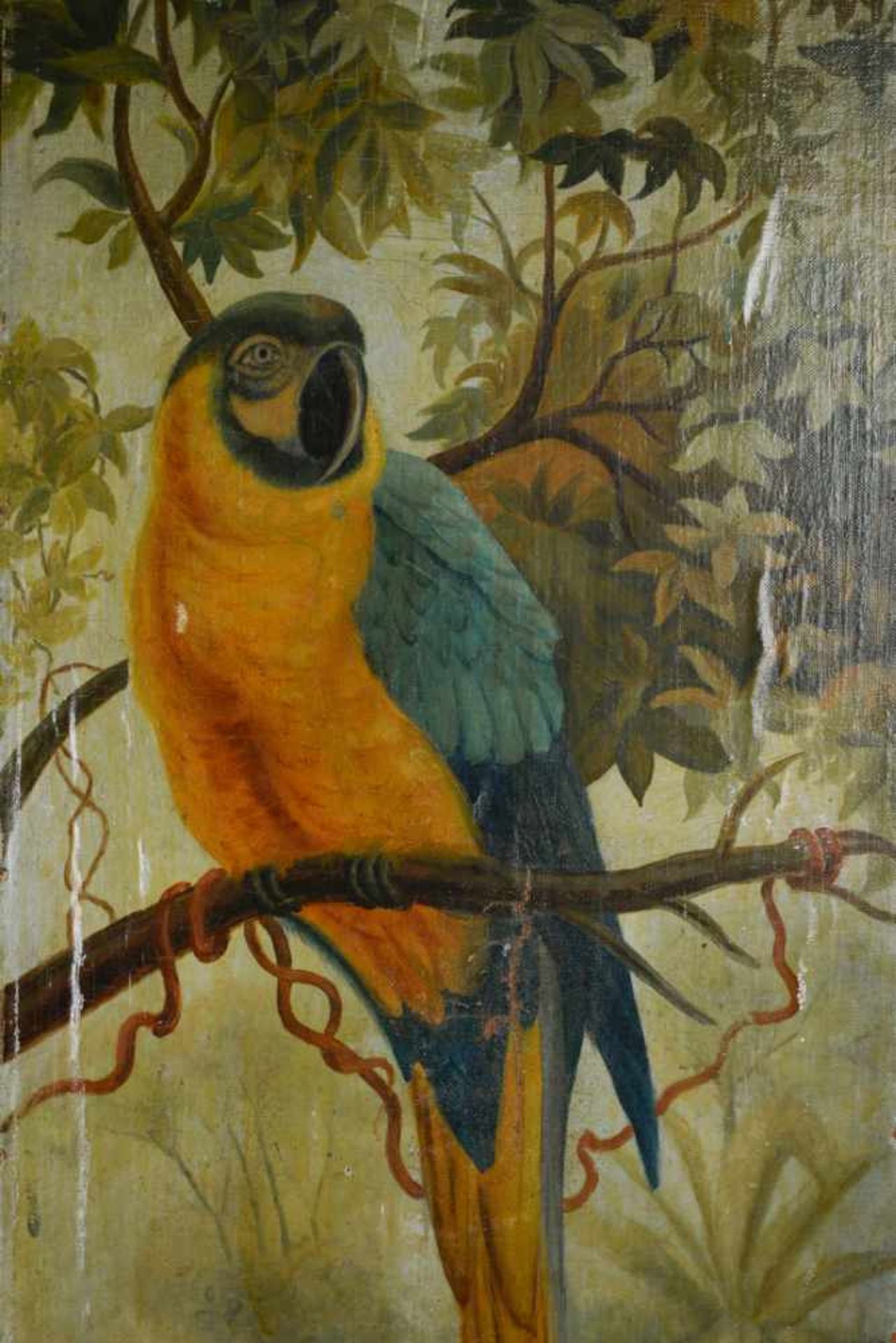 Papageienvögel in natürlicher Umgebung. Öl auf Leinwand auf Holz kaschiert, Datierung um 1890, - Bild 5 aus 7