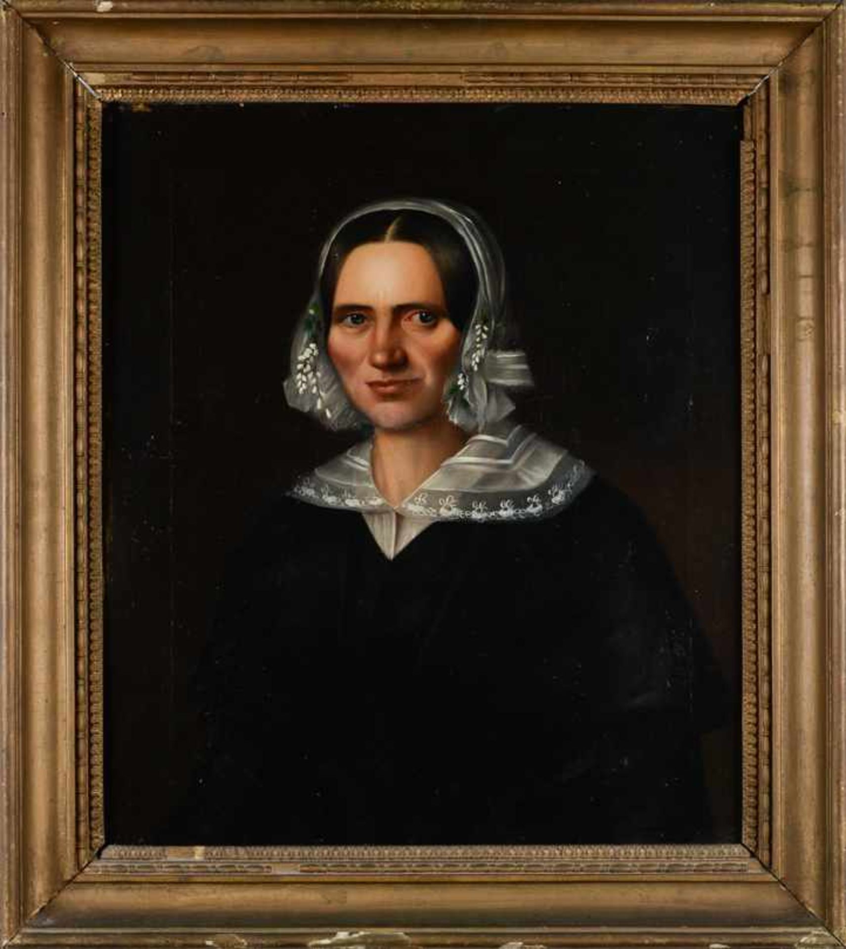 Junge Frau mit Spitzenhaube. Biedermeier-Porträt. Öl auf Leinwand, Datierung um 1840/60, unsigniert,