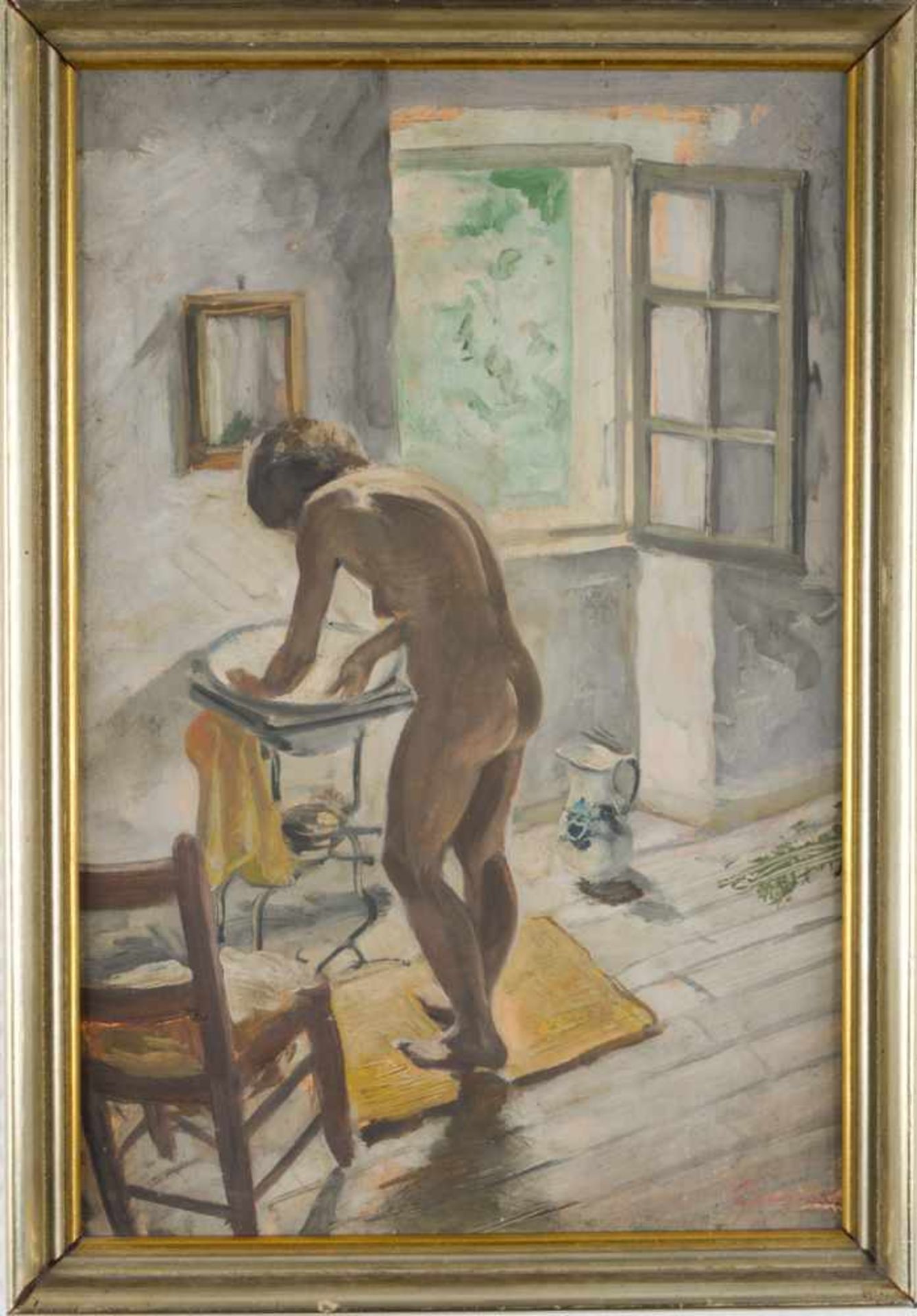 Weiblicher Akt bei der Morgentoilette. August Garbe (Niedersächsischer Kunstmaler, Akademie der