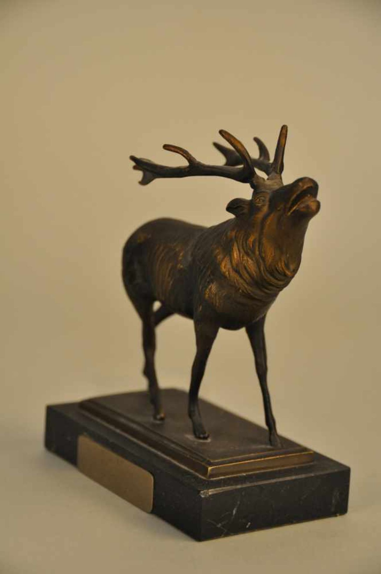 Röhrender Hirsch. Bronzefigur. Dunkel patiniert, 1950er Jahre, Widmungsplakette. Höhe ca. 16,5 cm, - Image 6 of 7