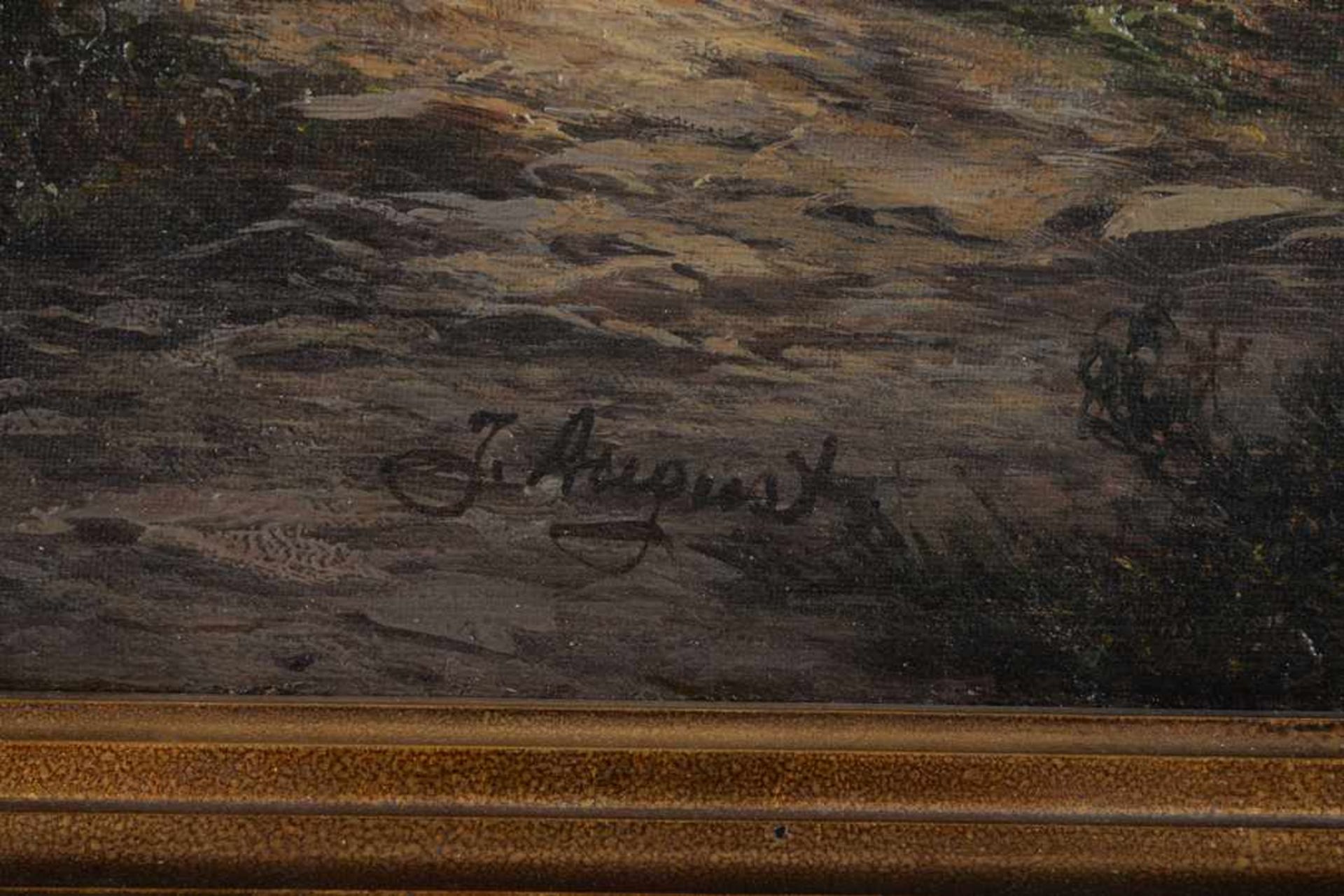 Romantische Landschaft, signiert J. August. Öl auf Leinwand, Datierung um 1870, unten links - Image 4 of 7