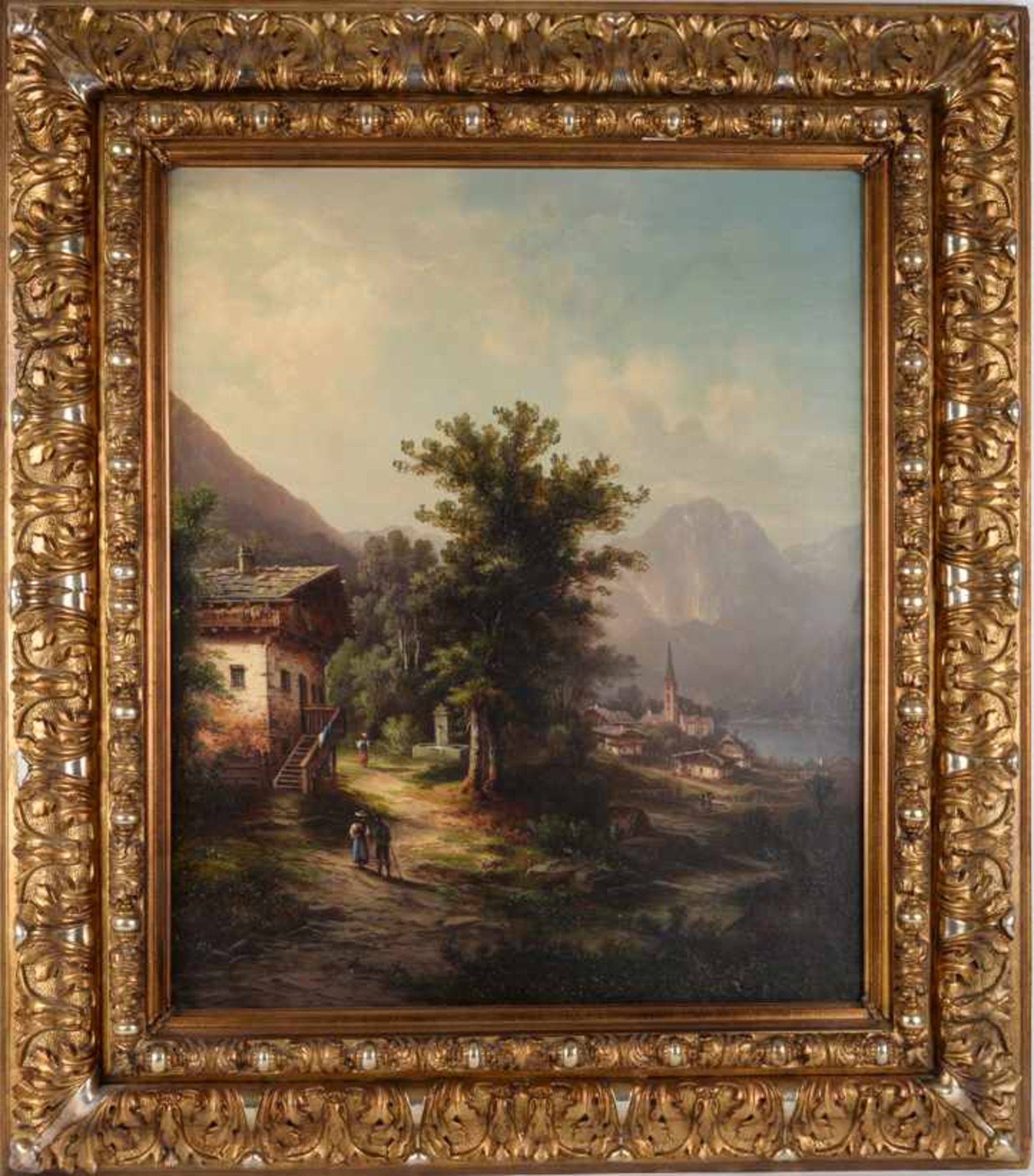 Romantische Landschaft, signiert J. August. Öl auf Leinwand, Datierung um 1870, unten links