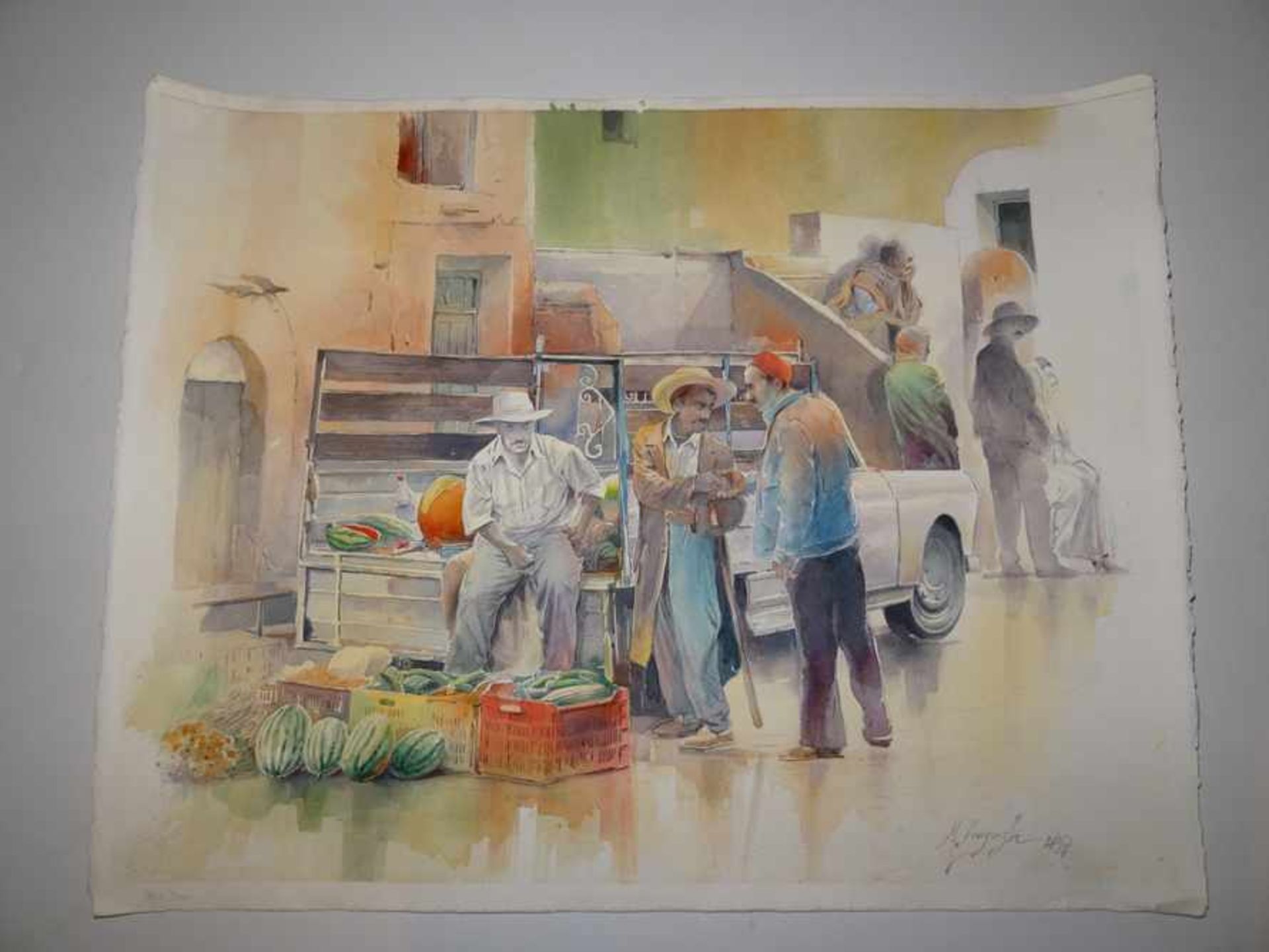 Tunesische Gemüseverkäufer mit Pick-Up. Mustapha Denguezli (Zeitgenosse, Tunesien). Aquarell auf