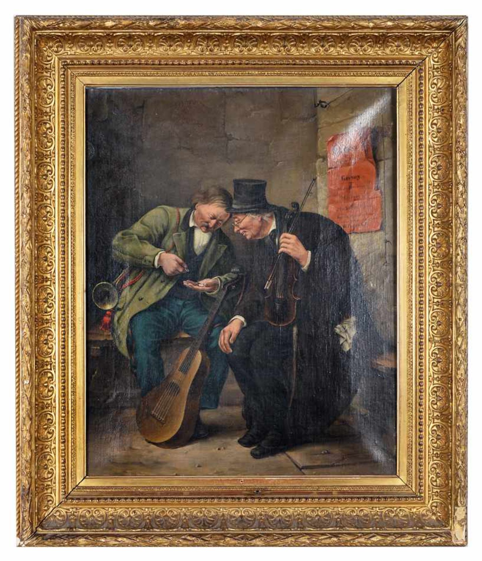 Straßenmusikanten unter Straßenaushang. Genregemälde, Signatur Fr. Keller oder W. Jensen 1882. Öl