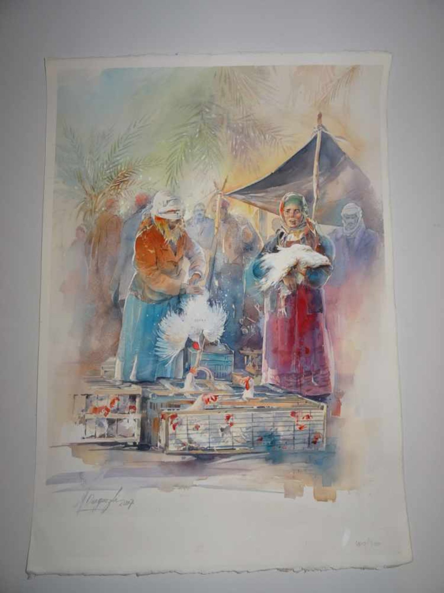 Tunesische Marktfrauen mit Hühnern. Mustapha Denguezli (Zeitgenosse, Tunesien). Aquarell auf Bütten,