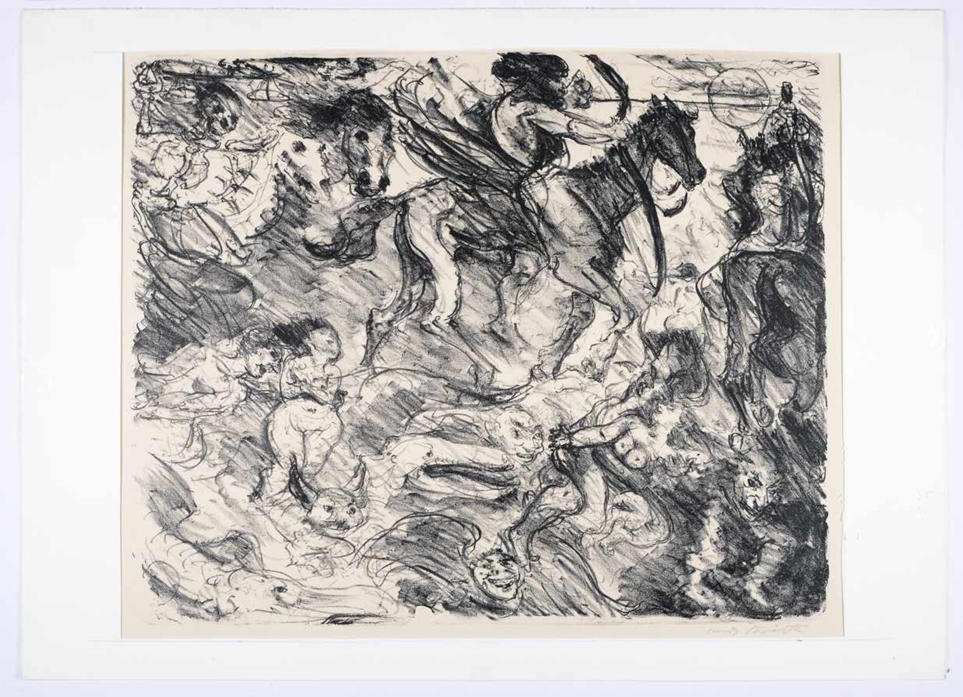 Wilde Szene mit Akten, Dämonen und Krieger. Lithographie. Lovis Corinth (21.07.1858 Tapiau - 17.07.