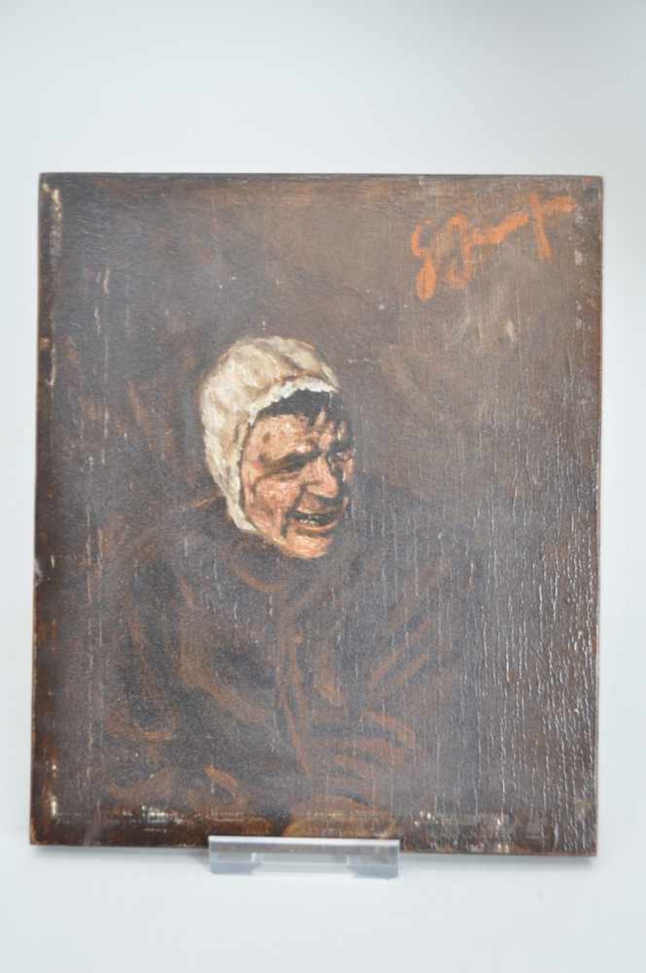Impressionistische Studie mit grotesken Zügen. Öl auf Holz, um 1870, oben rechts signiert, Verso