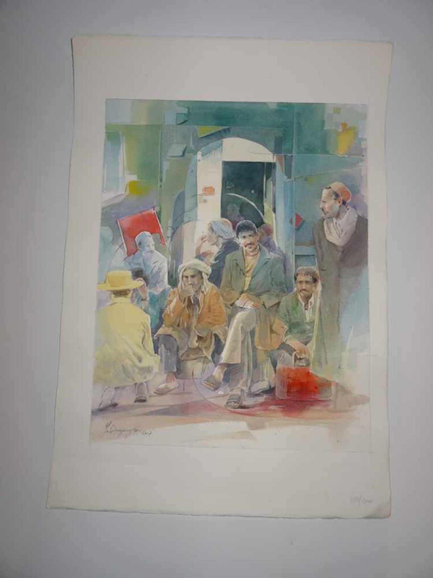 Wartende Tunesier. Mustapha Denguezli (Zeitgenosse, Tunesien). Aquarell auf Bütten, unten links