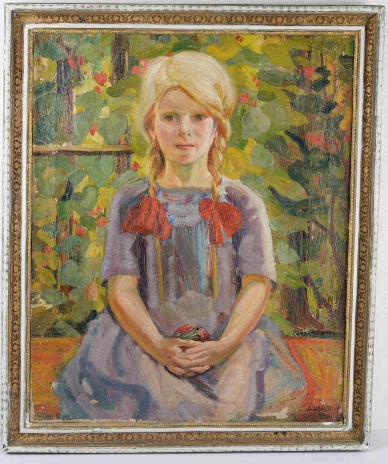 Kind im Garten, Blondes Mädchen.August Garbe (Niedersächsischer Kunstmaler, Akademie der bildenden