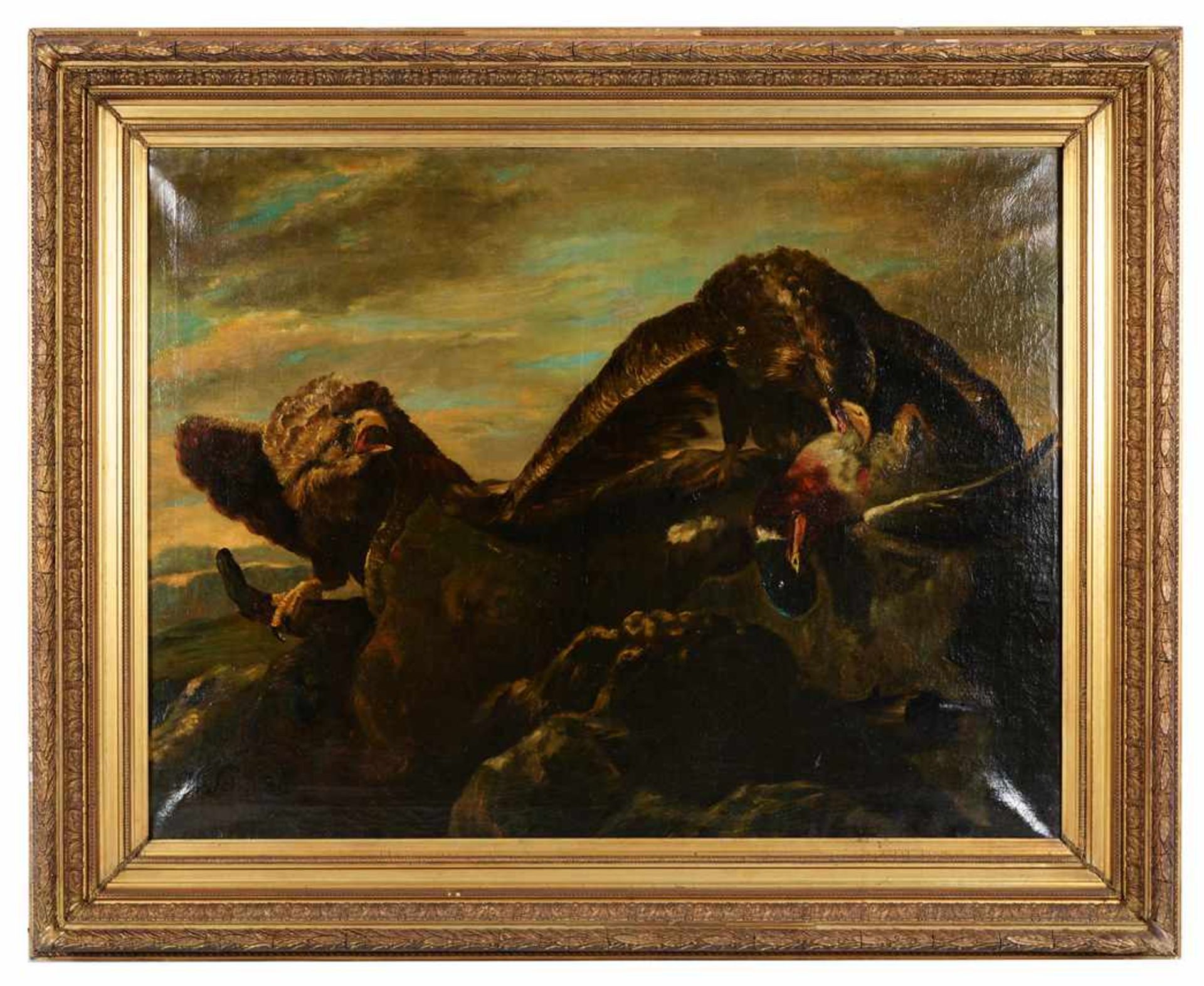 Zwei Adler mit gerissenem Erpel.Henry Schouten (1864 - 1927, Gent). Öl auf Leinwand, unten links