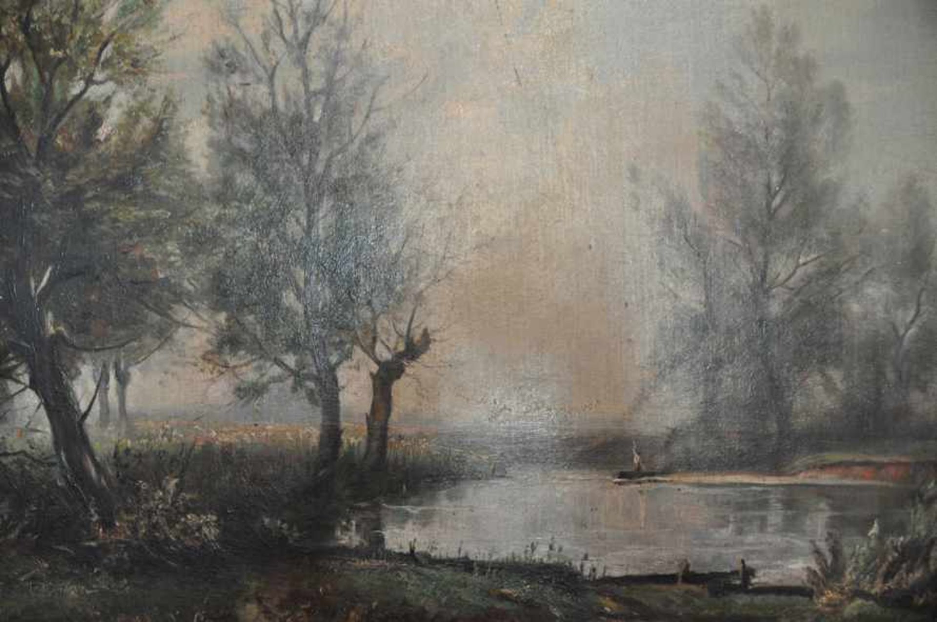 Fischer in nebeliger Landschaft.Öl auf Karton, Datierung um 1870, augenscheinlich unsigniert, - Image 4 of 5