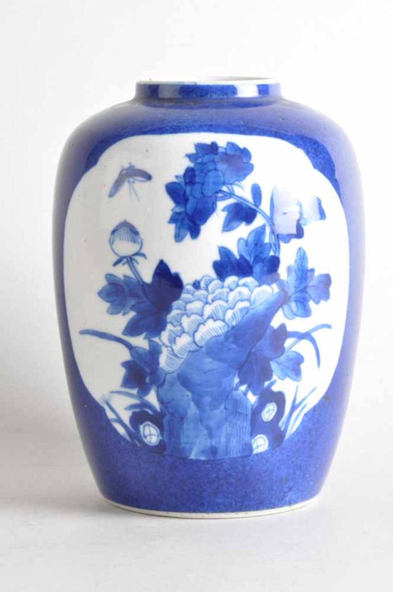 Zylindervase, puderblau. China, Qing-Dynastie.Zwei Reserven mit Naturmotiven: Päonien, Blätter,