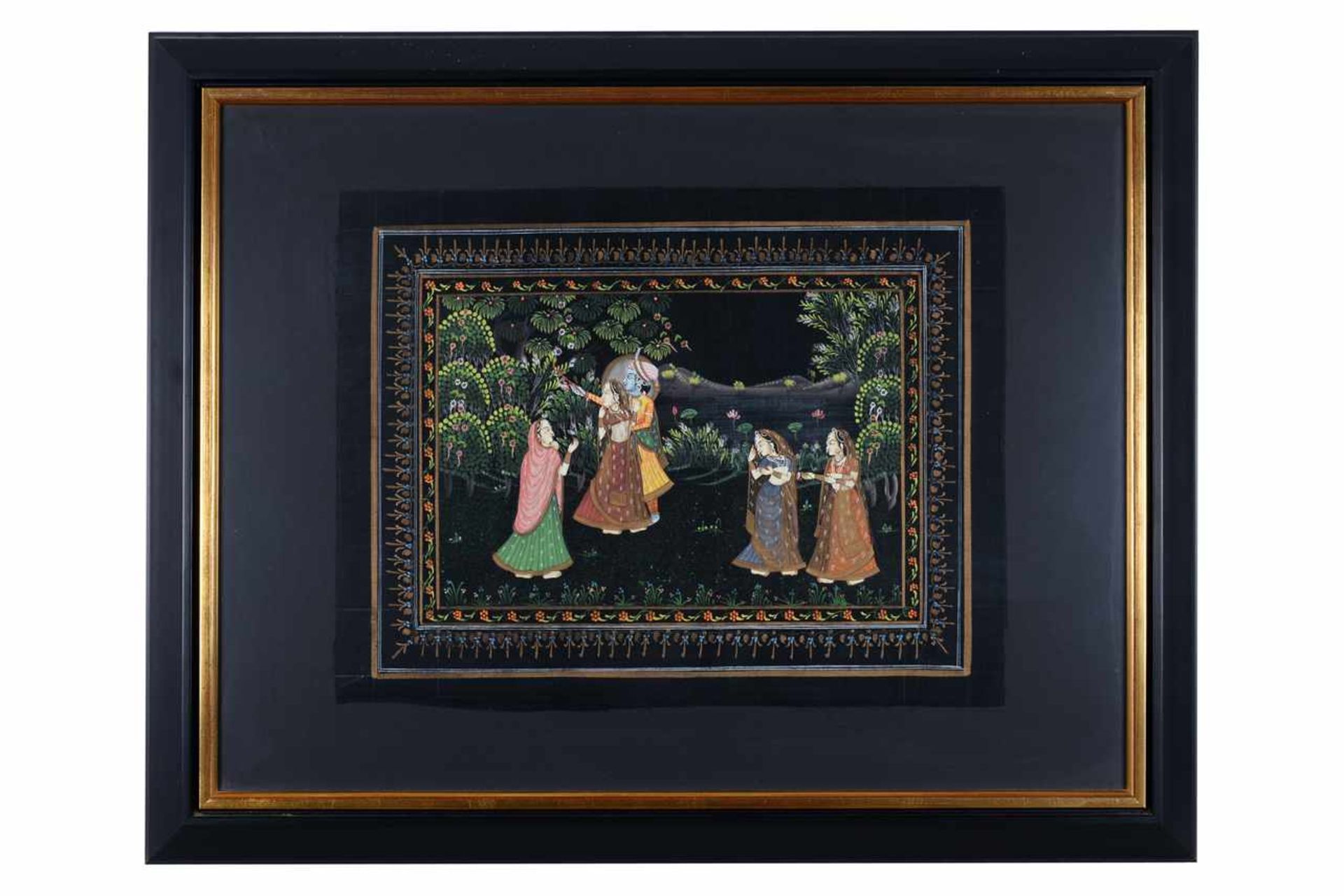 Seidenmalerei, Persien oder Indien.Paradiesische Szene auf schwarzem Textil, hochwertig gerahmt. - Image 2 of 2