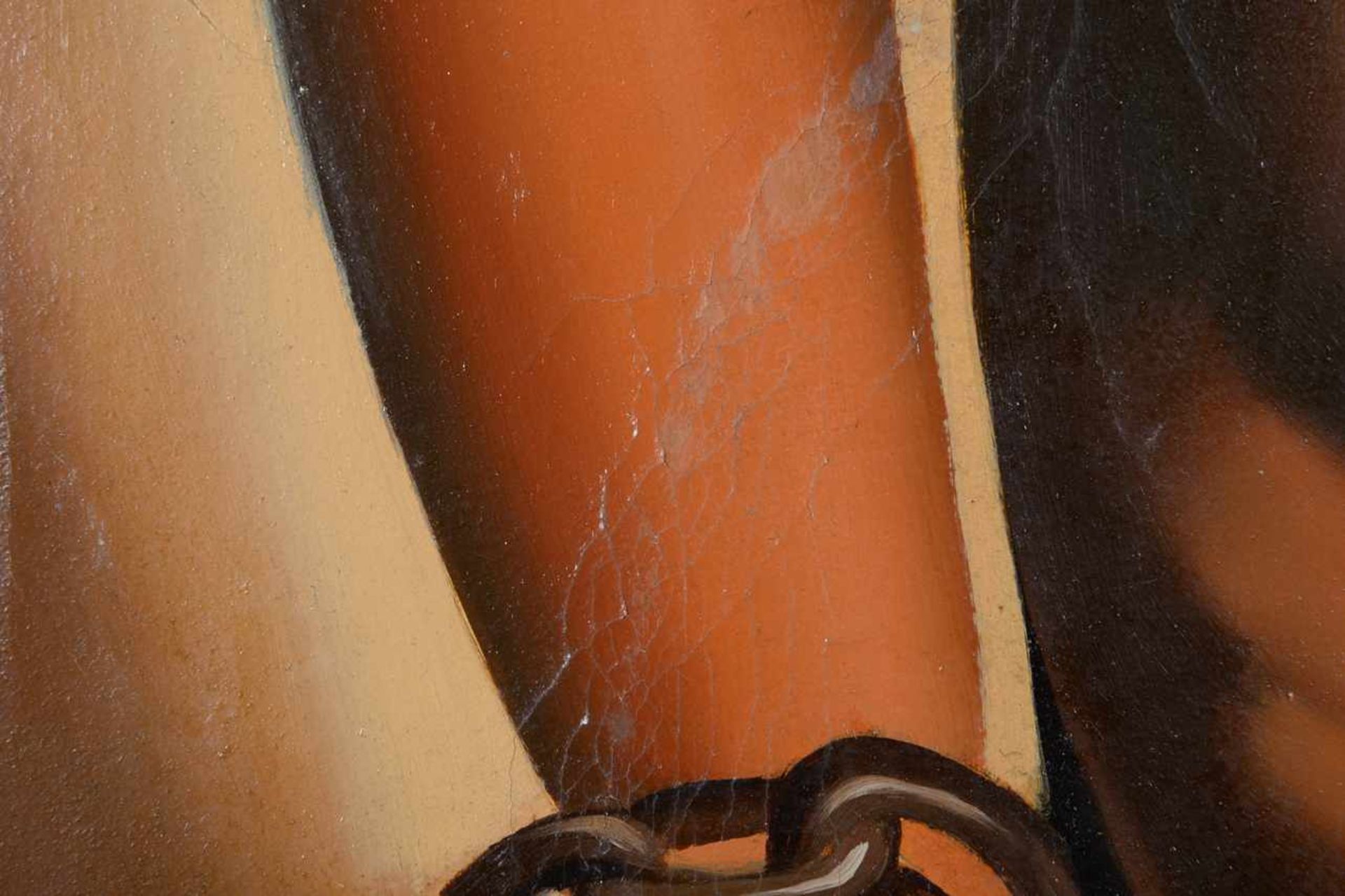 Nach Tamara de Lempicka.Weiblicher Akt in Handfesseln. Ungedeutet signiert, gerahmt. Oberfläche - Bild 6 aus 7