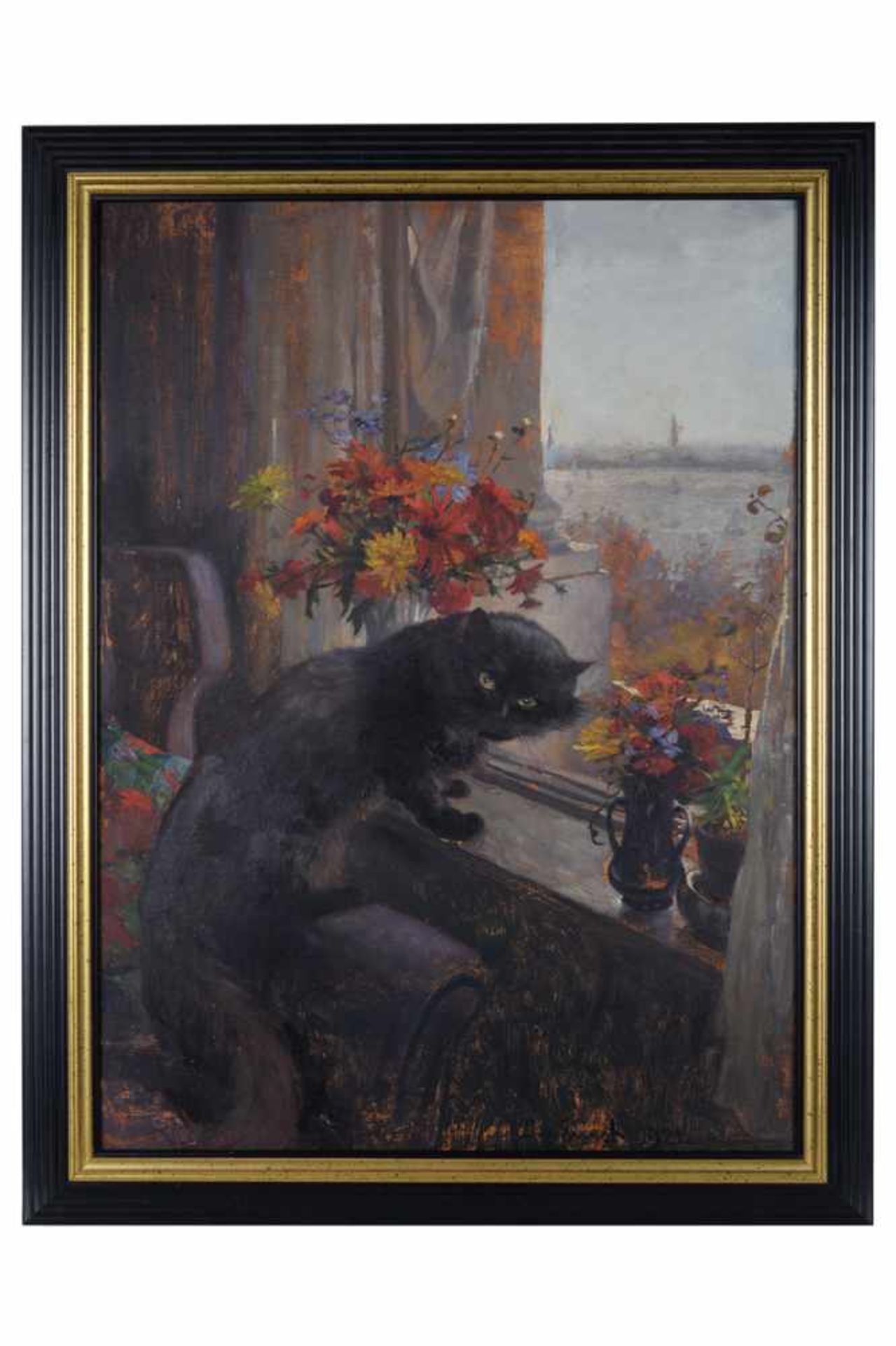 Fensterblick mit schwarzer Katze.Öl auf Karton, unten rechts signiert J. v. Ernst, datiert 1921, - Bild 2 aus 3