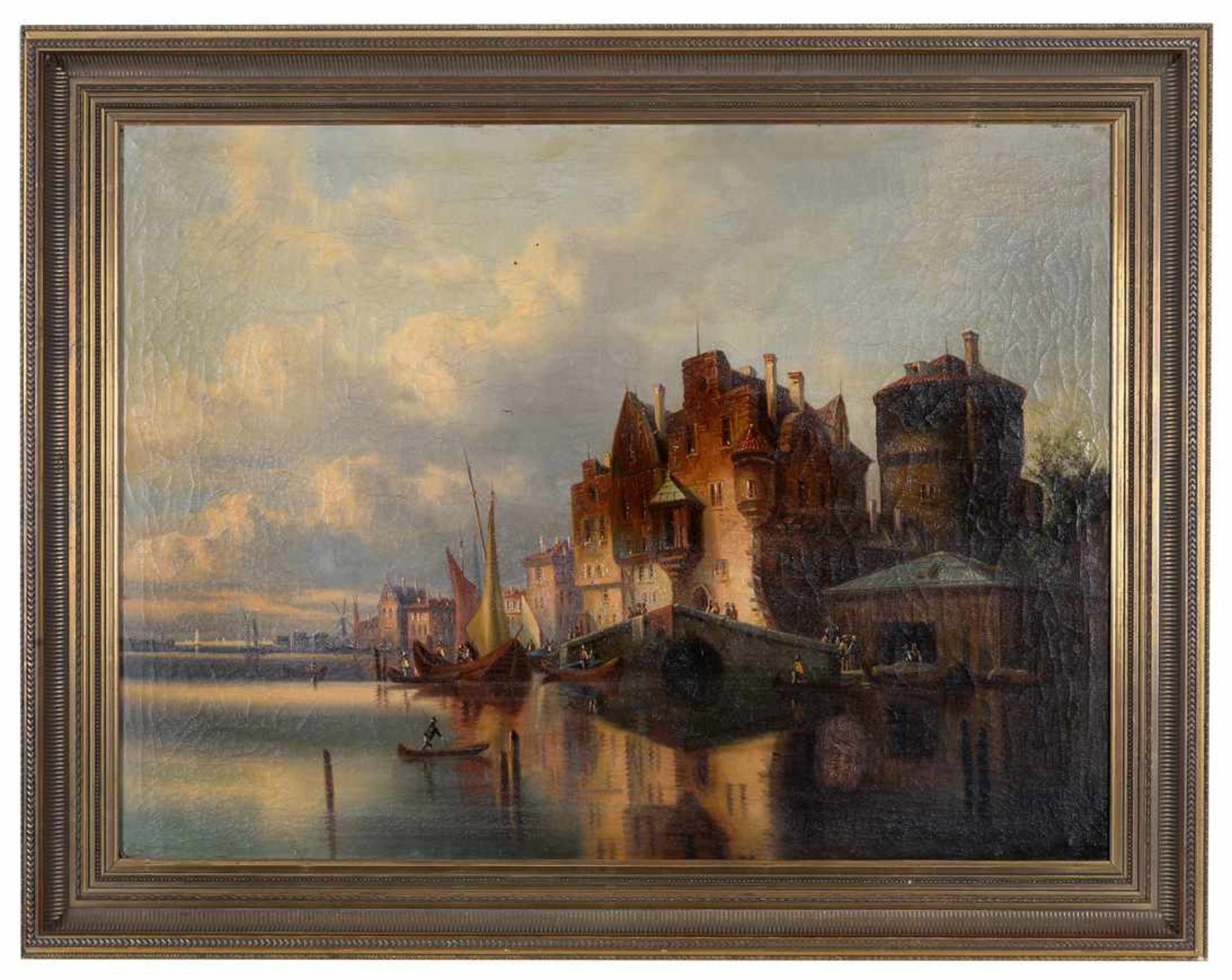 Belebte niederländische Hafenpassage mit weitläufiger Silhouette. T.C. Gessnitzer,Pseudonym des Karl