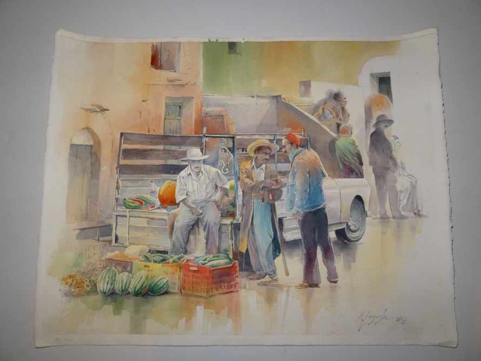 Tunesische Gemüseverkäufer mit Pick-Up.Mustapha Denguezli (Zeitgenosse, Tunesien). Aquarell auf