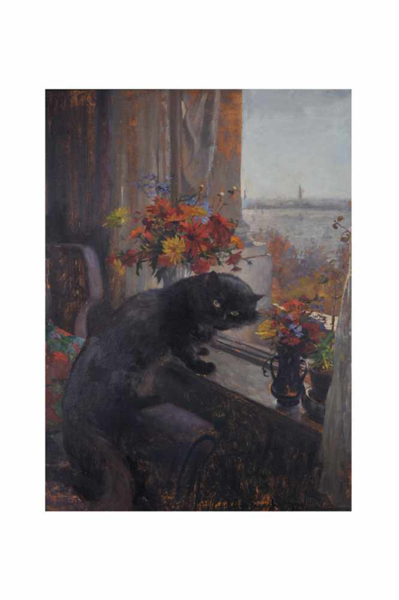 Fensterblick mit schwarzer Katze.Öl auf Karton, unten rechts signiert J. v. Ernst, datiert 1921,