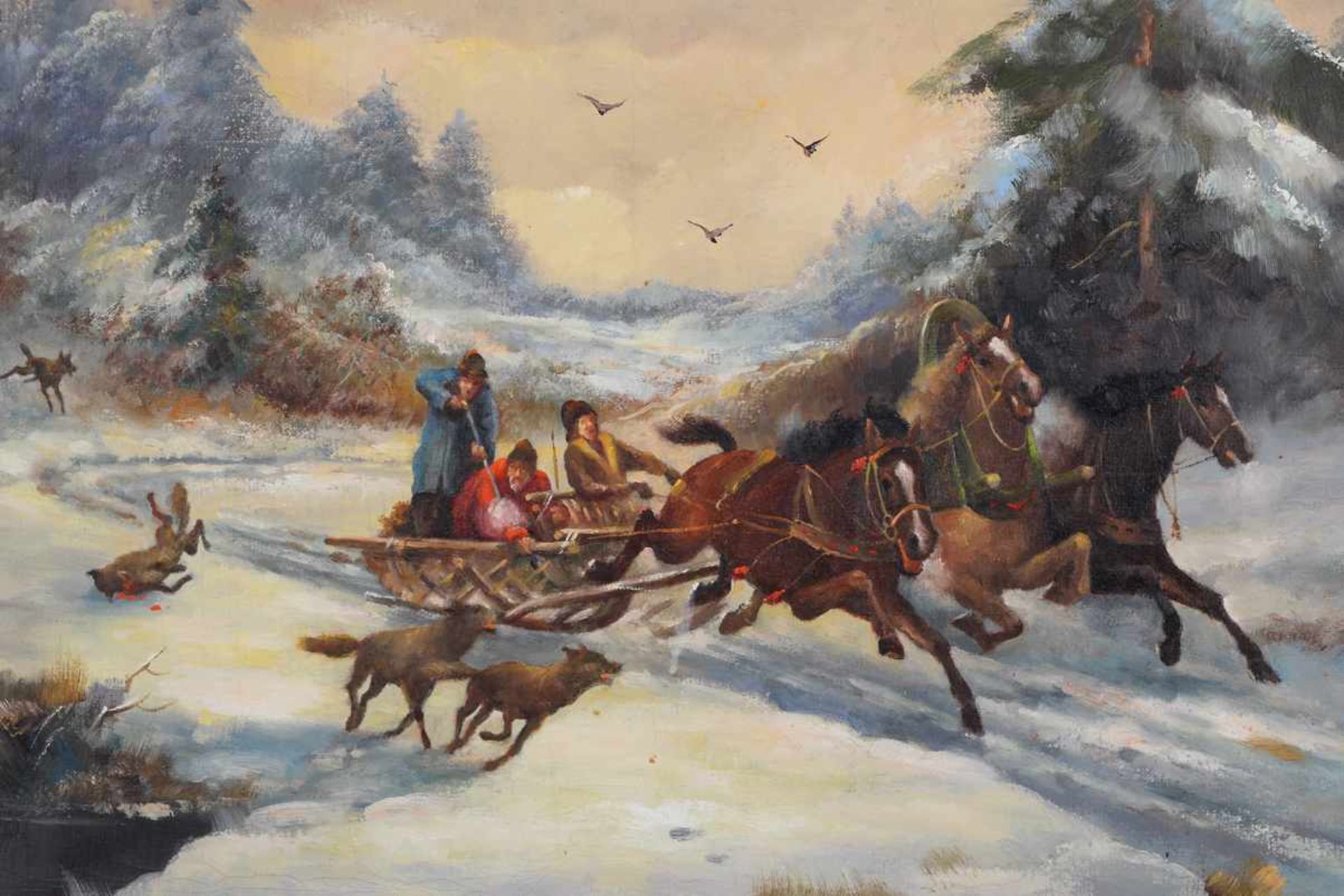 Winterliche Wolfsjagd zu Pferdeschlitten. Troika, winterliche Schlittenjagd.Öl auf Leinwand, unten - Image 5 of 7