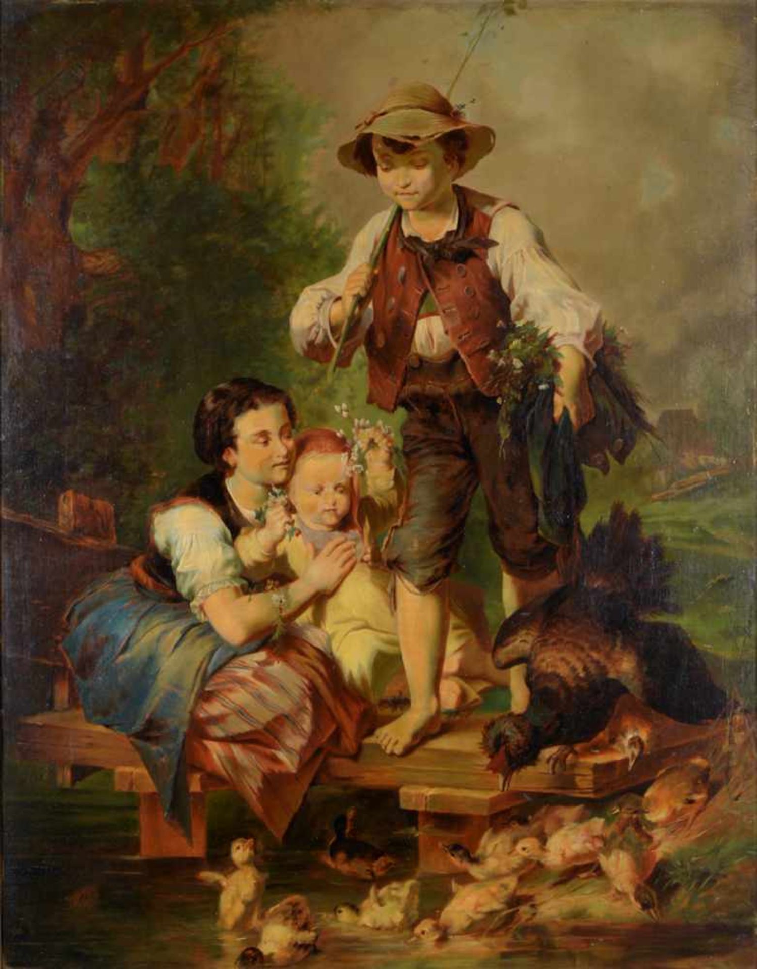 Vielfigurige Genreszene.Ölgemälde in Art Ferdinand Georg Waldmüller. 19. Jahrhundert, unsigniert, - Bild 2 aus 3