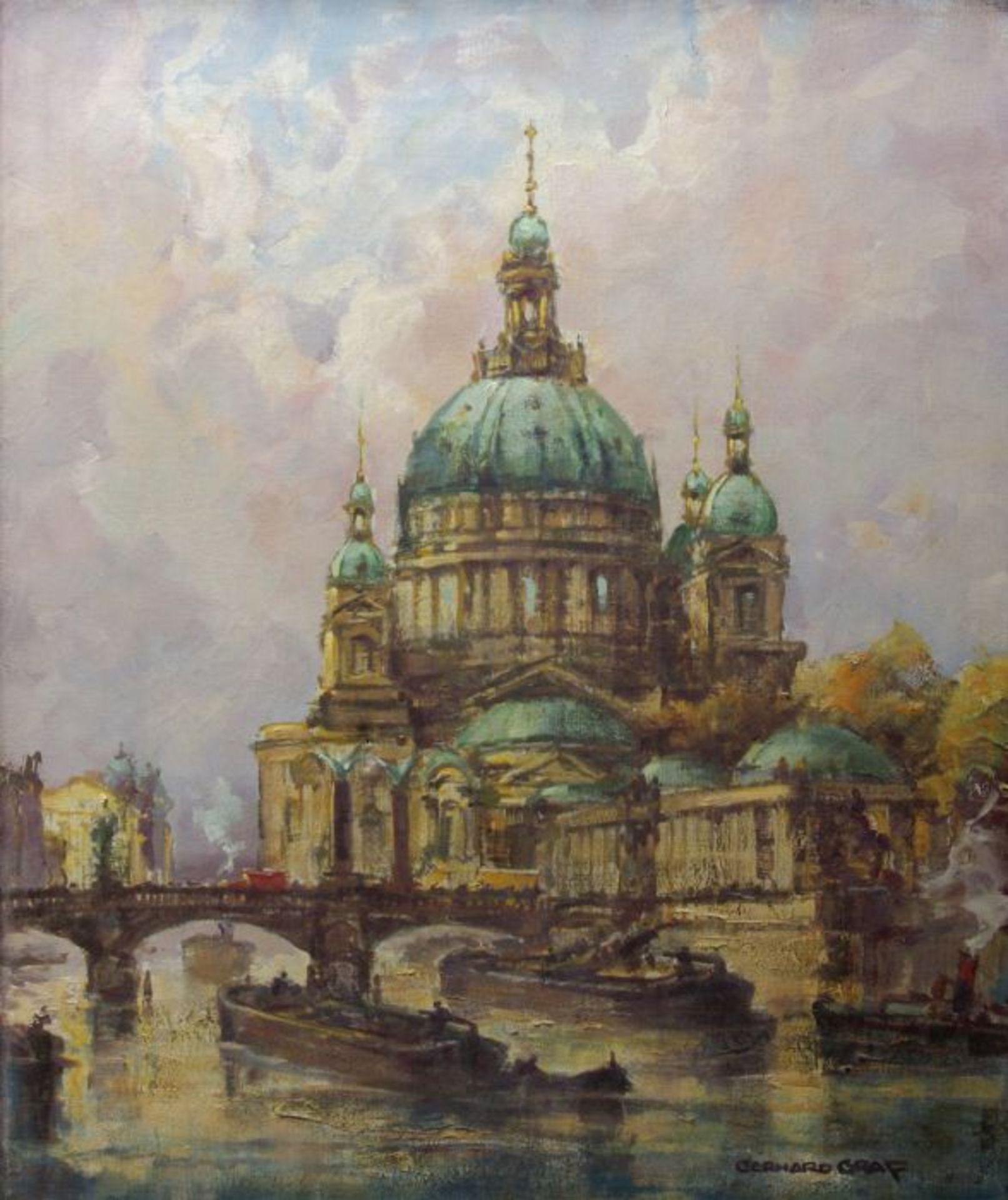 Gerhard Graf (1883 in Berlin - 1958 in Stockholm)Blick auf den Berliner Dom mit Lastkähnen im