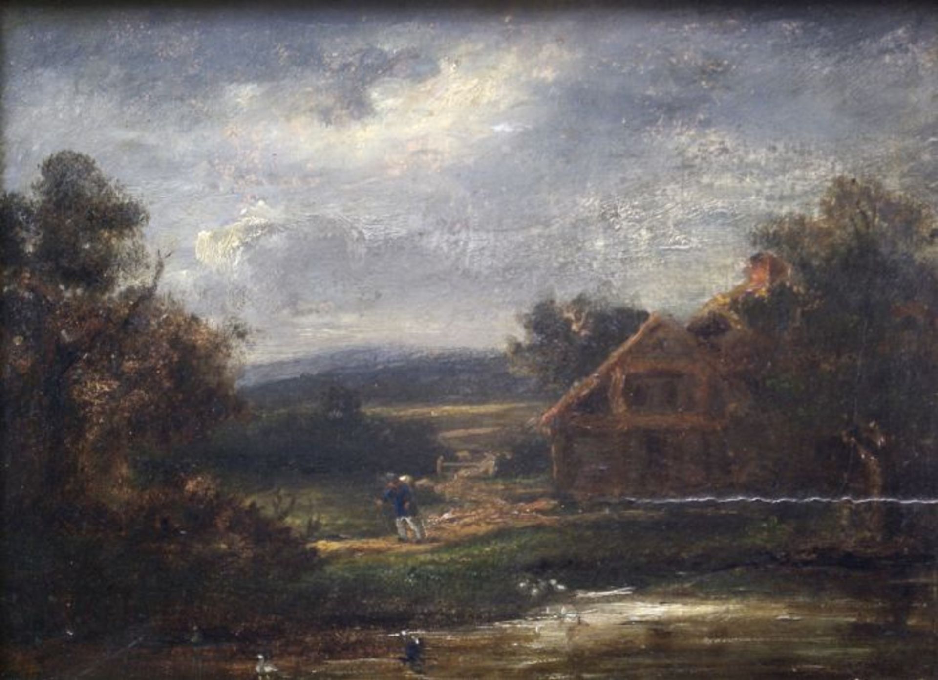 Herbstlandschaft mit Kate und Wanderer am Seeanonym, Öl auf Holz, unsigniert, 19. Jhdt., ca.