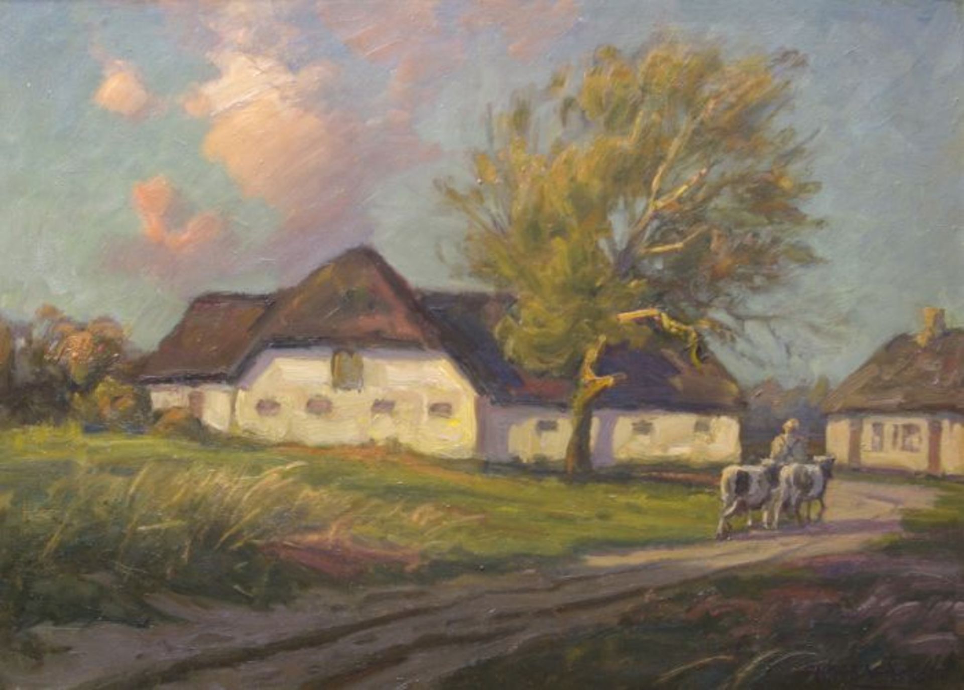 Alfred V. Jensen (dänischer Landschaftsmaler, 1898 - 1960)Gehöft im Abendlicht, Öl auf Hartfaser.,